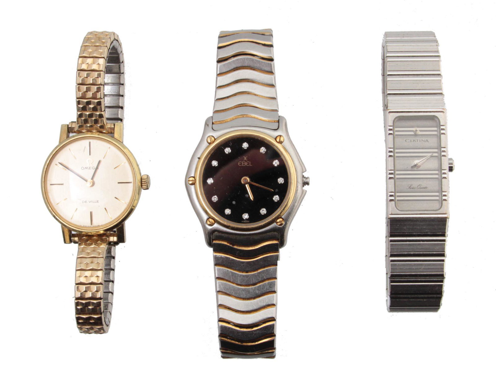 A SET OF VINTAGE WRISTWATCHES OMEGA EBEL CERTINA: A set of three vintage wristwatches with a stainless steel case and a bracelet made of metal segments. The manufacturers are Omega, Ebel, Certina. Dimensions: Various sizes.