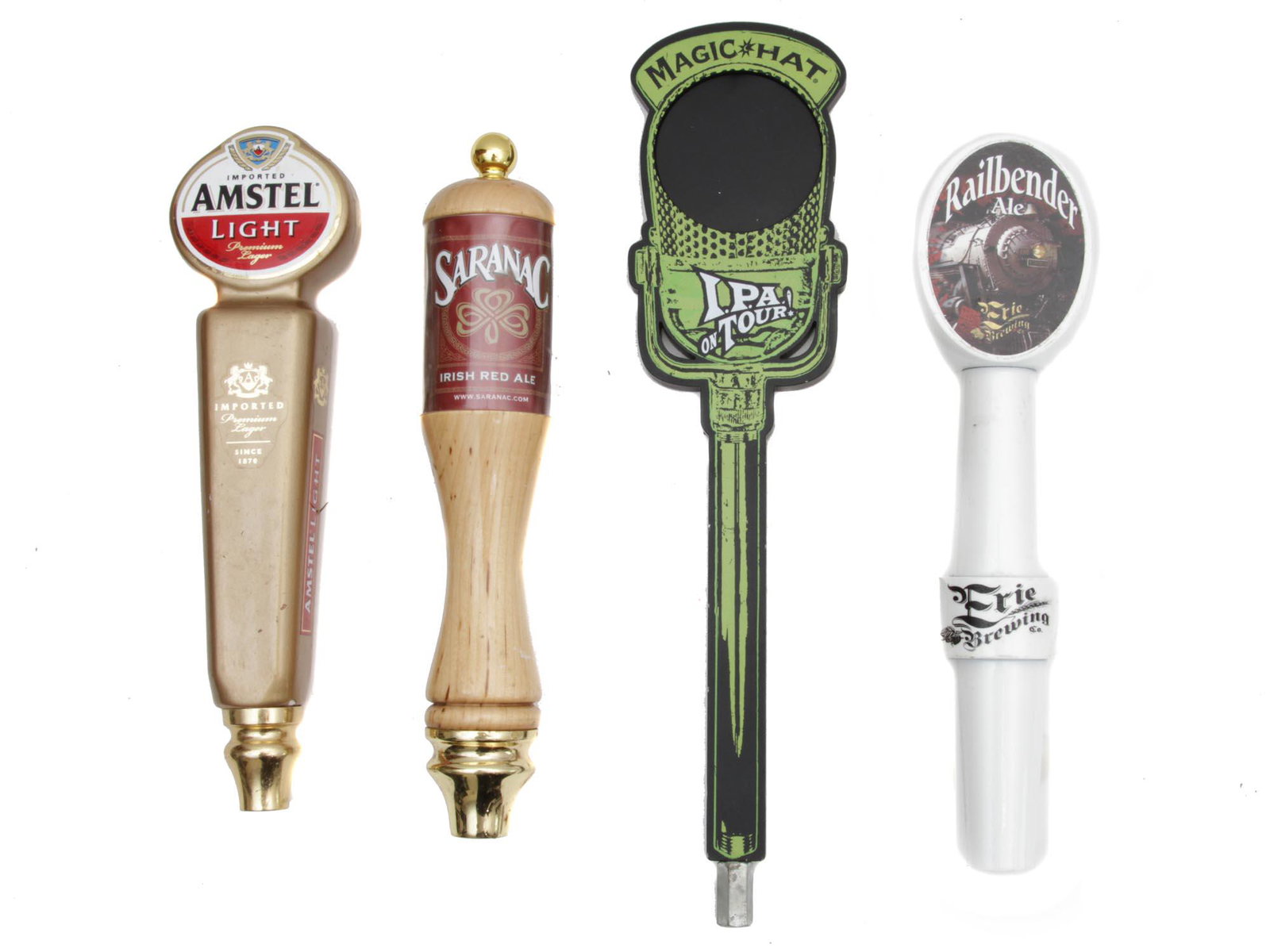 FOUR VINTAGE MOUNTED BEER TAP HANDLES: The lot includes:1. Amstel Light Premium Lager Tap Handle; 2. Saranac Irish Red Ale Tap Handle; 3. Magic Hat IPA on Tour Microphone Beer Tap Handle; 4. Railbender Ale Beer Tap Handle. Dimensions: Smal