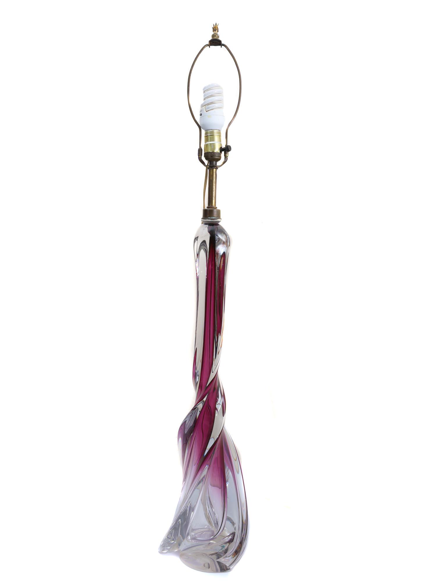 A LARGE VINTAGE MURANO GLASS BASE LAMP: This is a sophisticated lamp with a Murano glass base, made in an attractive shade of purple. Circa early 20th century. Dimensions: Glass base H: 27 in.Full Hight: 42 in.