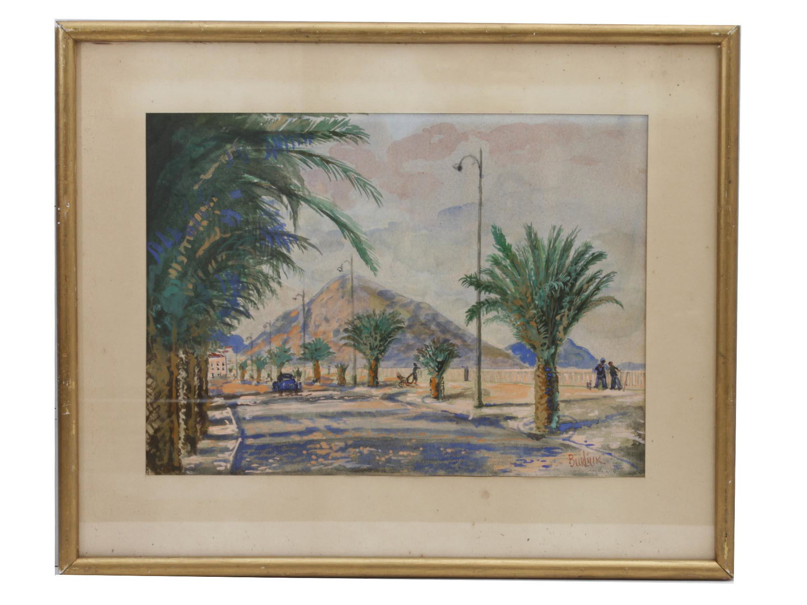 A RUSSIAN WATERCOLOR PAINTING BY DAVID BURLIUK: A watercolor on paper painting depicting a palm tree-lined road signed in red "Burliuk" at the lower right. Framed. David Burliuk (1882-1967) - Russian and American poet and artist of Ukrainian origin
