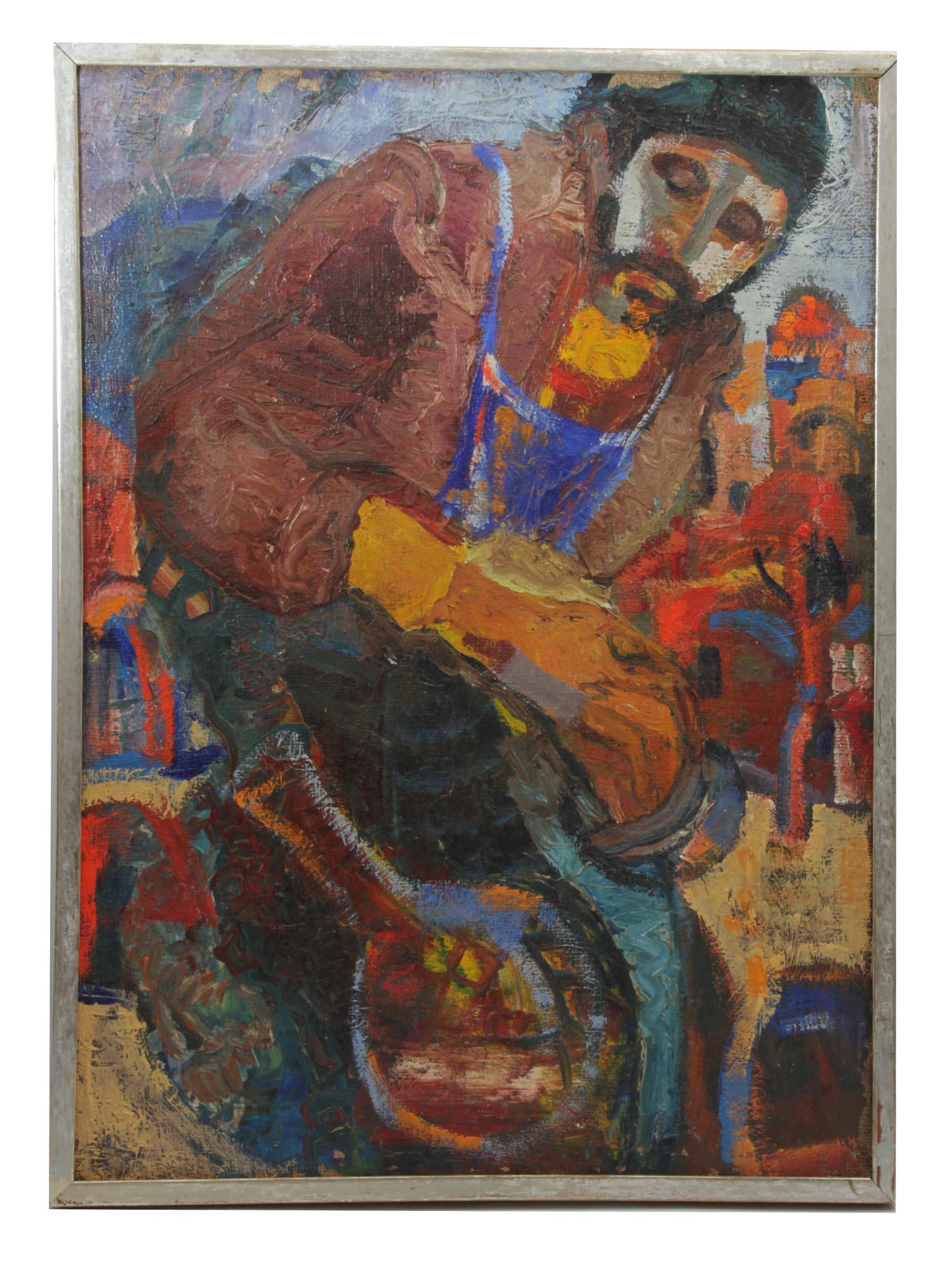 A PAINTING BY RUSSIAN ARMENIAN MINAS AVETISIAN: An abstract oil on canvas painting. Depicting a pottery maker, by Russian/Armenian artist Minas Avetisian (1928 - 1975). Circa mid of 20th century. Signed in verso. Dimensions: Frame size: 21 1/2 x 29