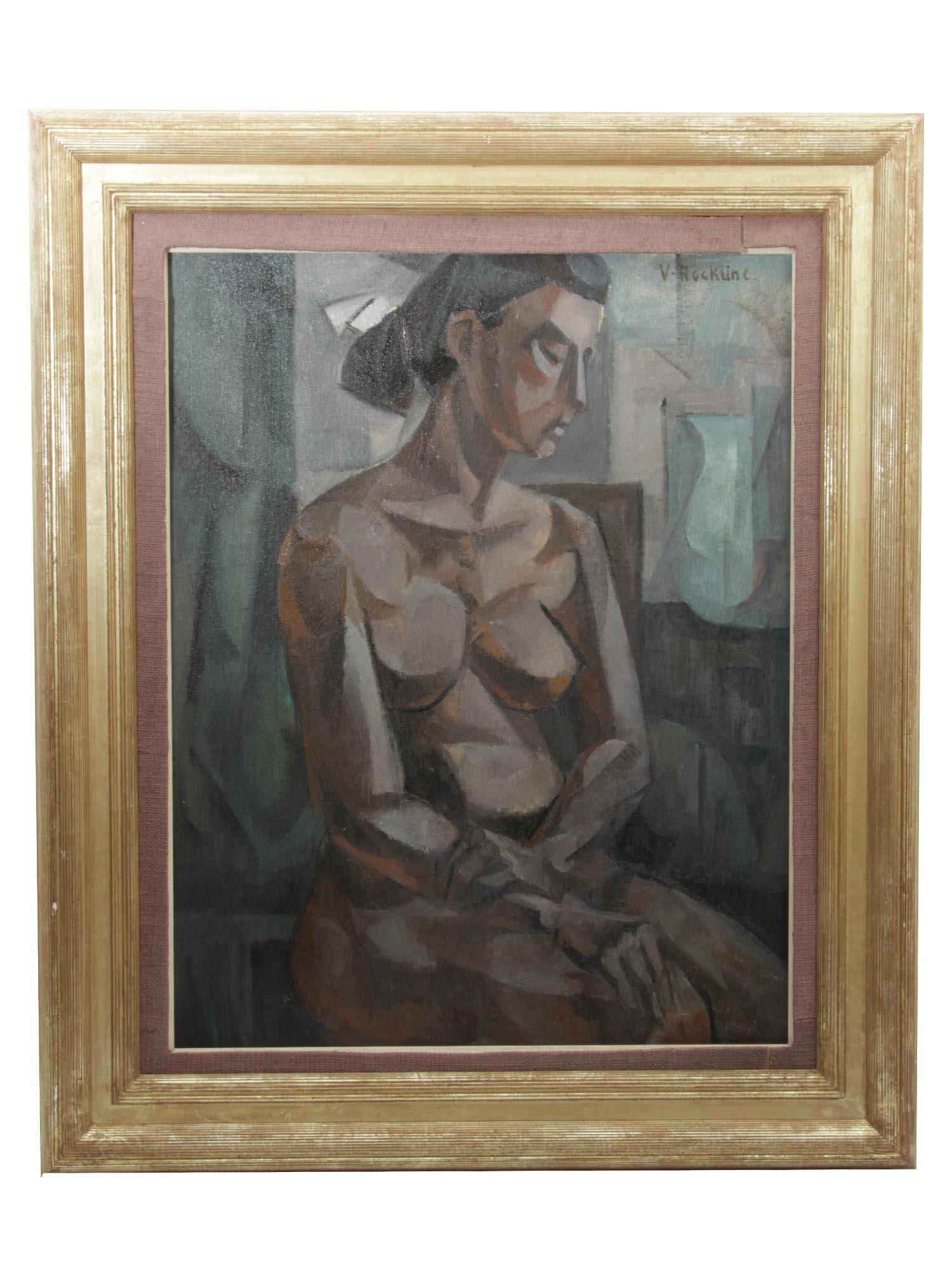 AN ANTIQUE RUSSIAN OIL PAINTING BY VERA ROKLINE: A very interesting Russian oil on board painting, in the geometrical abstract/cubism style by Russian artist Vera Schlesinger Rockline (1896 - 1934). Circa 1920. Dimensions: Frame size: 36 x 30 1/8 in