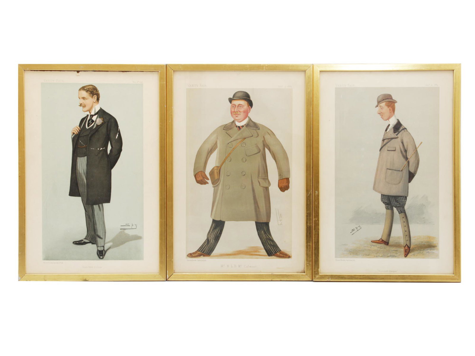 A SET OF THREE ANTIQUE VANITY FAIR LITHOGRAPHS: Three antique Vanity Fair framed cartoons:1. North-West Suffolk. Caricature by Spy published in Vanity Fair in 1898.2. Mr. H.L.B. McCalmont. Caricature by Spy published in Vanity Fair in 1889.3. Visco