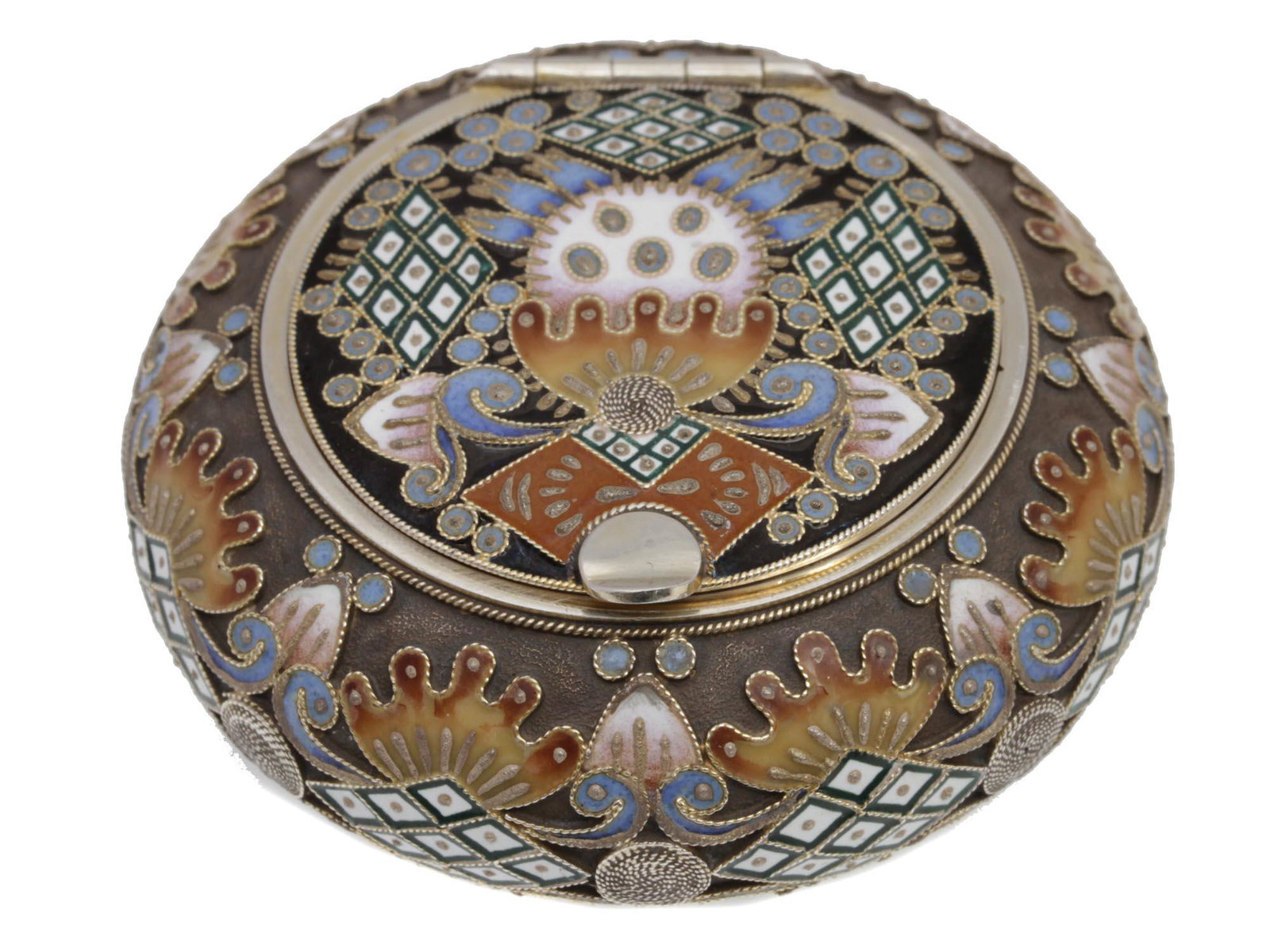 AN ANTIQUE RUSSIAN GILT-SILVER AND ENAMEL BOX: A beautiful early 20th-century silver powder box in the neo-Russian style, decorated with multicolor enamel patterns on filigree. Gilded inside. Hallmarks: a stamp with the initials of F.R. (Cyrillic)