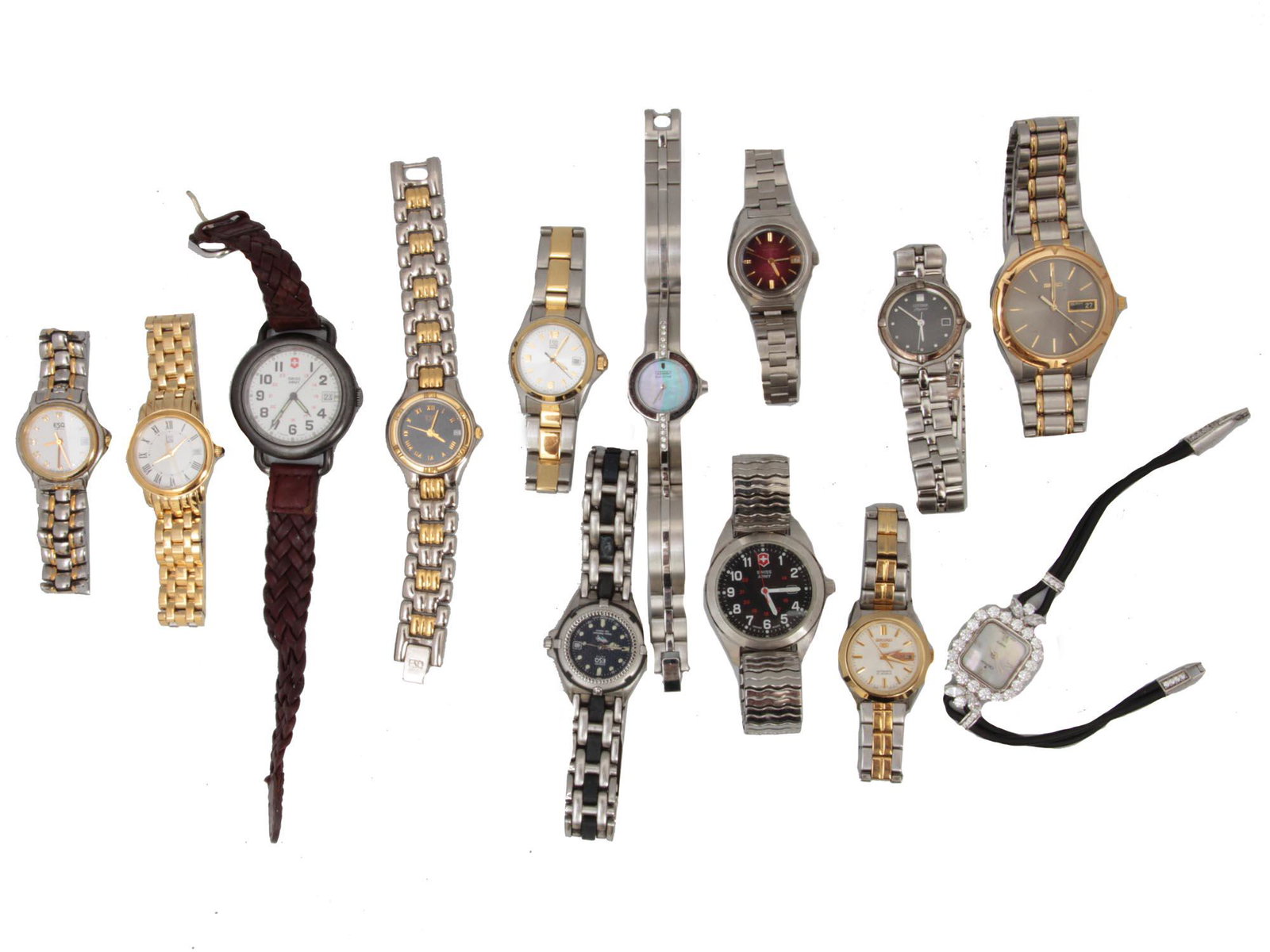 A LOT OF 13 VINTAGE ASSORTED WRIST WATCHES: This is a unique collection of assorted wrist watches, including five beautiful Swiss stainless steel ESQ watches, three stainless steel watches made by Seiko Company, a pair of watches made by Citize
