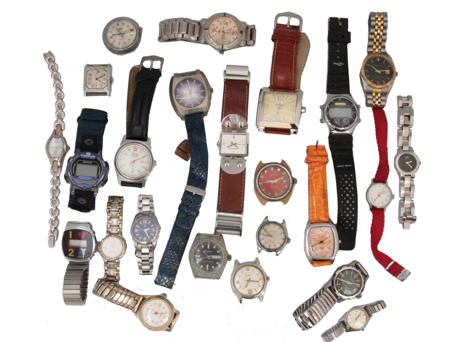 A LOT OF 24 VINTAGE ASSORTED WATCHES/ MOVEMENTS: This is a unique collection of assorted wrist watches, some of the manufacturing companies are: The Swiss ESQ Company, Activa, Michael Kors, Manhattan, Paul Jardin, Waltham, Wenger, Sharp, Swiss Milit