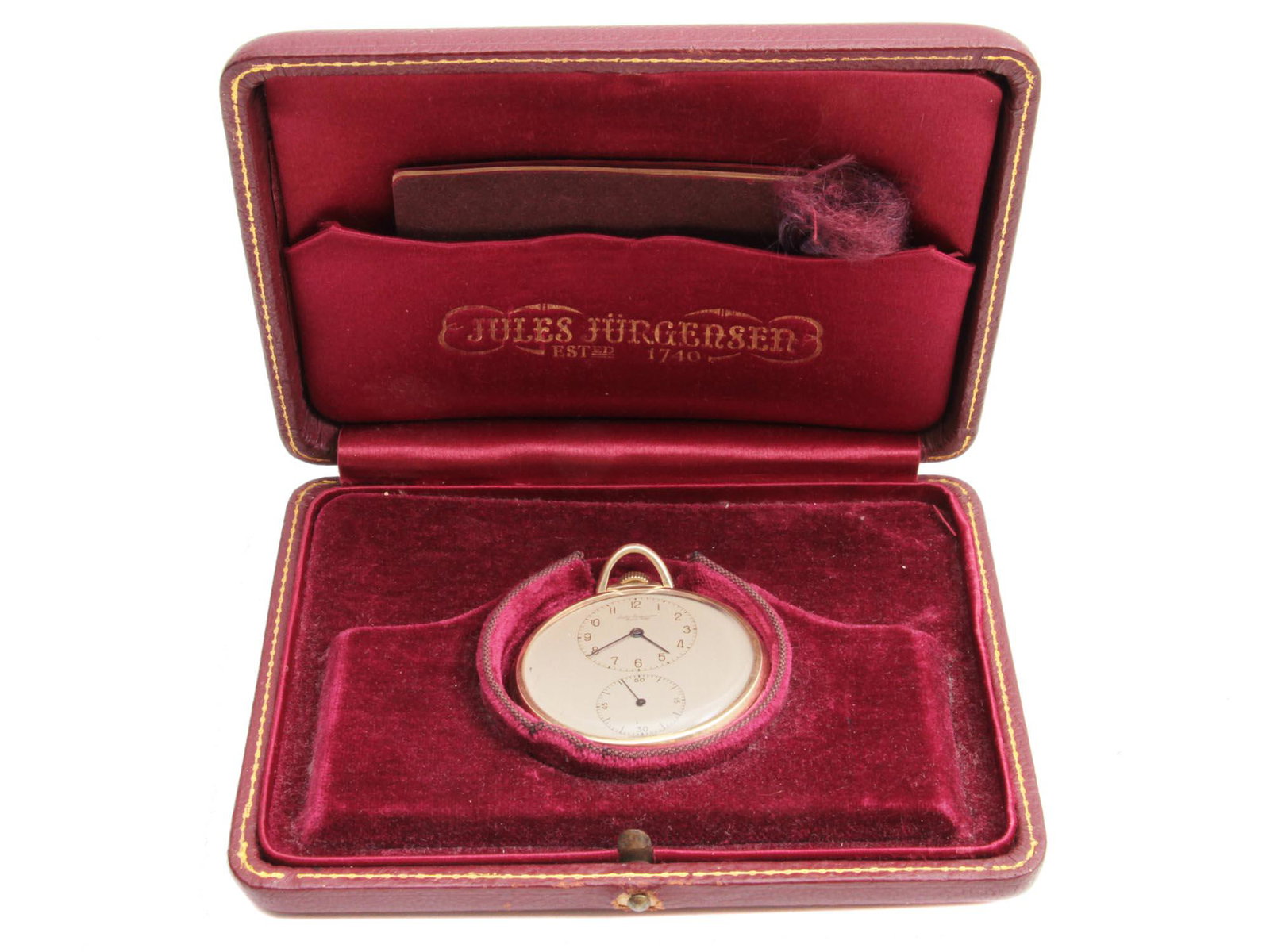 AN ANTIQUE JULES JÃœRGENSEN POCKET WATCH: A fine 10 K Gold Filled pocket watch by Jules JÃ¼rgensen, Switzerland. 17 Jewels, Serial number 481257. Stamped on the case Jules JÃ¼rgensen and Keystone J. Boss, numbered 9123757. Completed with 