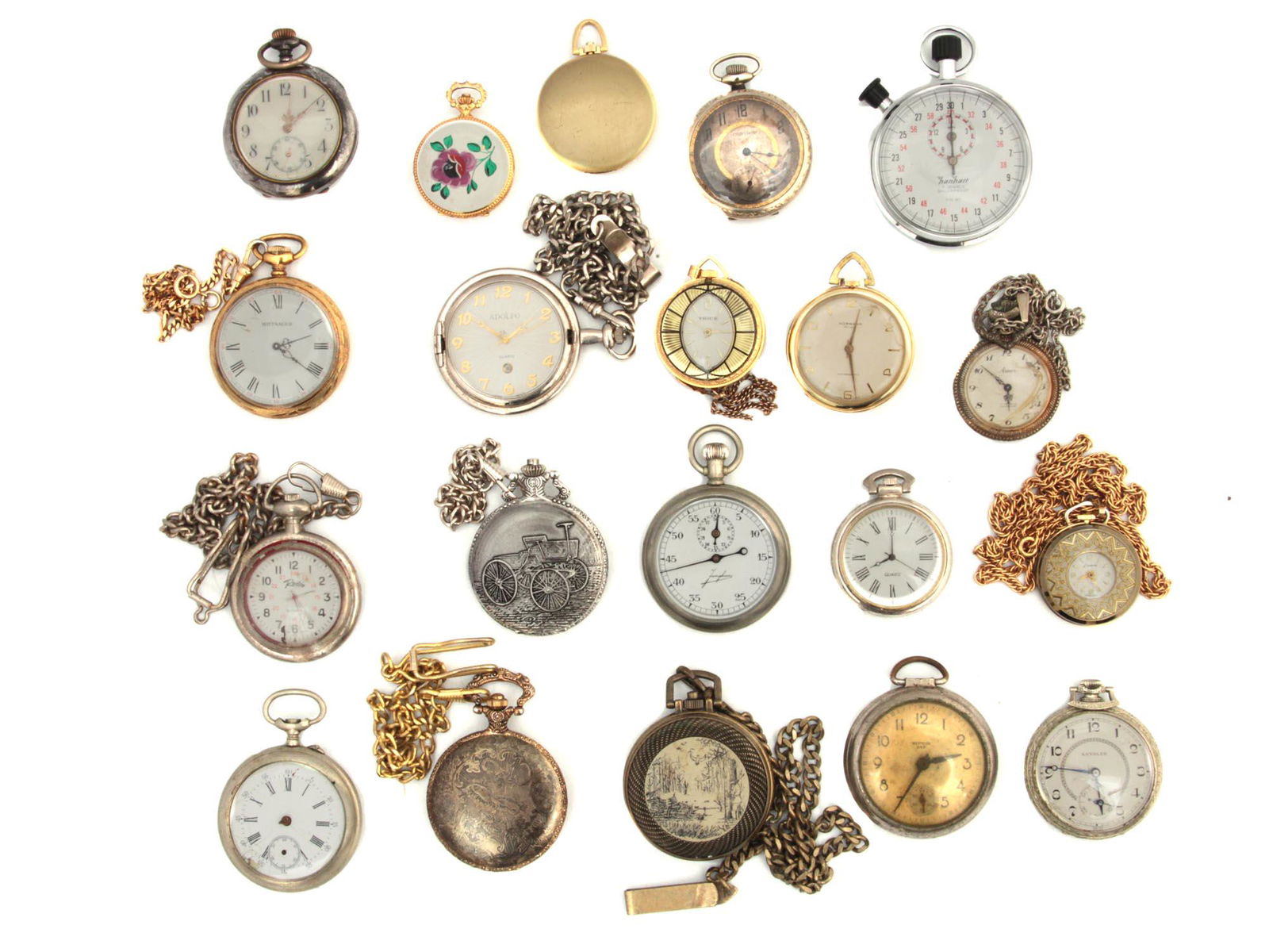 A VINTAGE POCKET WATCH REMINGTON OXFORD WITTNAUER: A lot of vintage and antique gold tone and silver tone menâ€™s and ladyâ€™s pocket watches, which are open face and hunter pocket watches, some items are with special chains, all from differ
