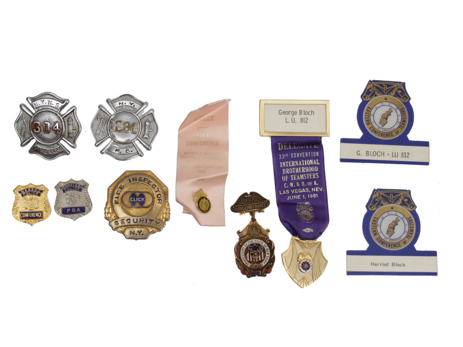A LOT OF VINTAGE POLICE AND FIREFIGHTERS BADGES: A lot of vintage firefighters and police badges for recognizing the city and division of the employee, and badges for guests and conference participants. Included: N.Y.N.S. 304 Fire dept., N.Y. 1206 F