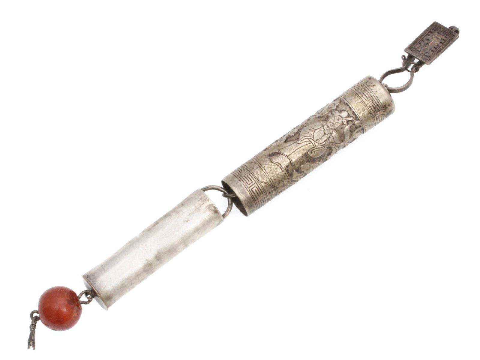 A VINTAGE TIBETAN SILVER CHARM NEEDLE CASE: A vintage inro netsuke of an oblong shape, the outer side is decorated with embossed images of people in oriental clothes. The central part is removed by connecting through a chain. A natural stone be