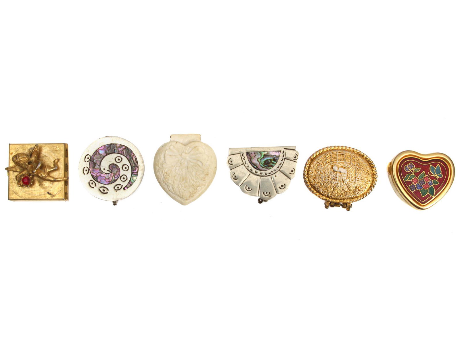 A VINTAGE JEWELRY BOXES SILVER GILDED AND BONE: A lot of vintage items. Included six small jewelry boxes: two silver jewelry boxes marked by Alpaca, three gilded jewelry boxes, one with an angel figure mounted on the lid, and one made of carved bon