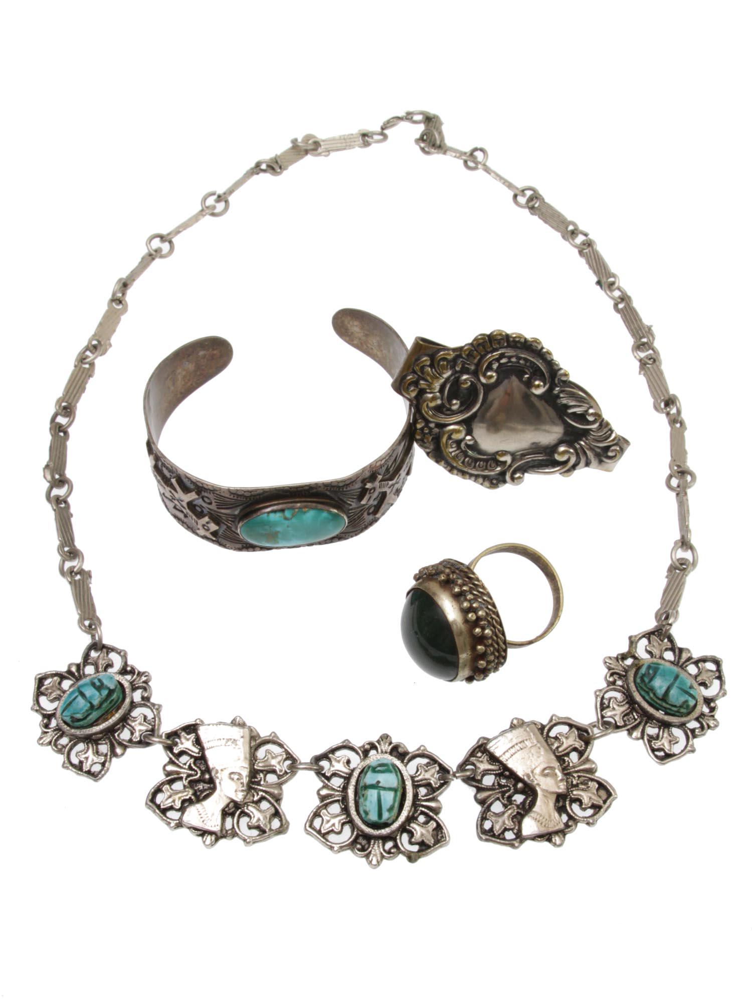 A LOT OF SILVER RING BRACELET AND PLATED NECKLACE: This is a lot of custom jewelry items, including in this lot: a silver plated necklace with Ancient Egypt motifs green scarab & pharaoh, a beautiful handmade silver & Turquoise Cuff Bracelet with a ja