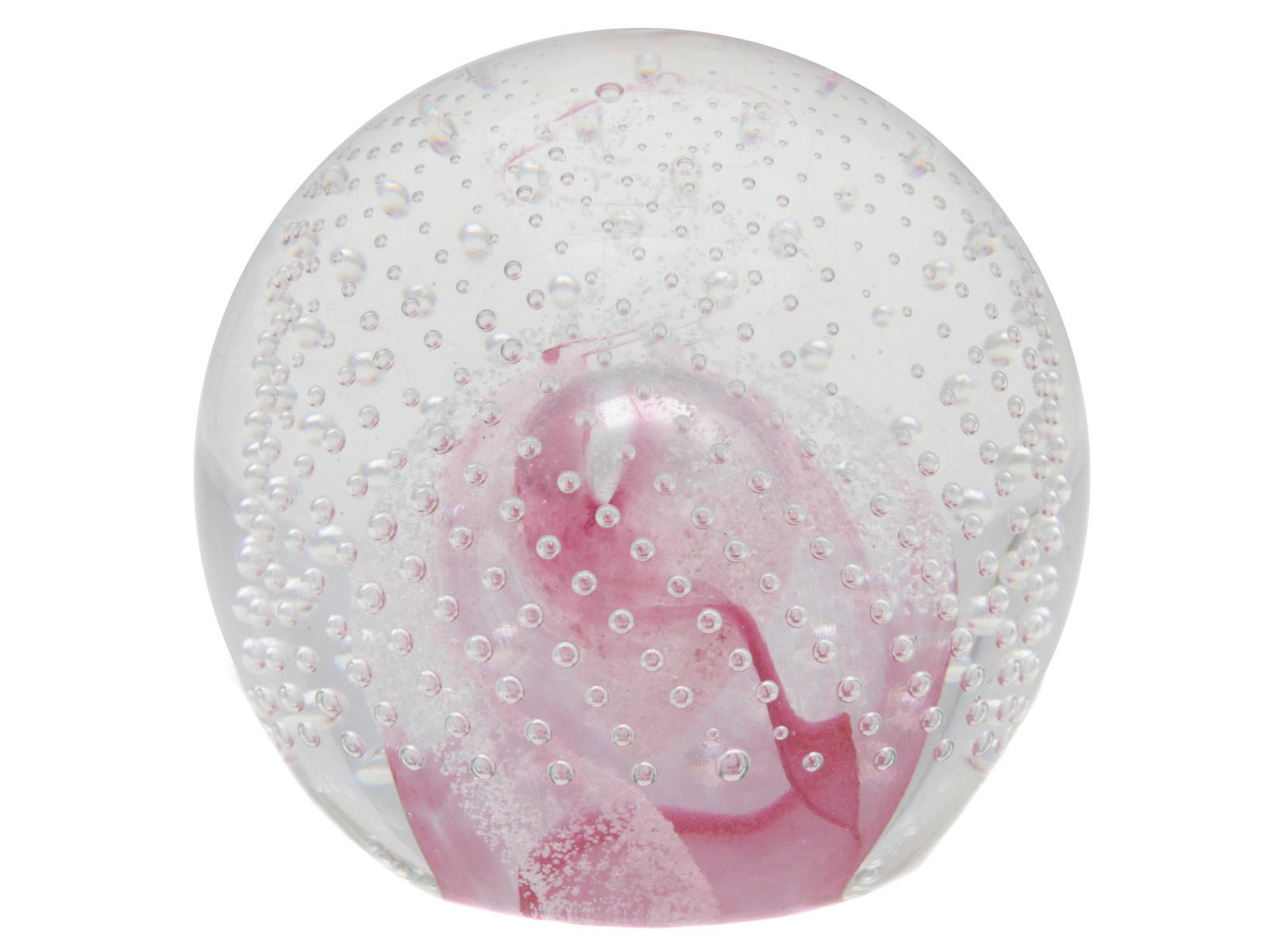 A CAITHNESS ART GLASS PAPERWEIGHT PINK CHAMPAGNE: A vintage collectible art glass paperweight Pink Champagne by Caithness, Scotland. The paperweight is made with a pink colored interior design with bubbles. Signed on the bottom: Caithness, Pink Champ