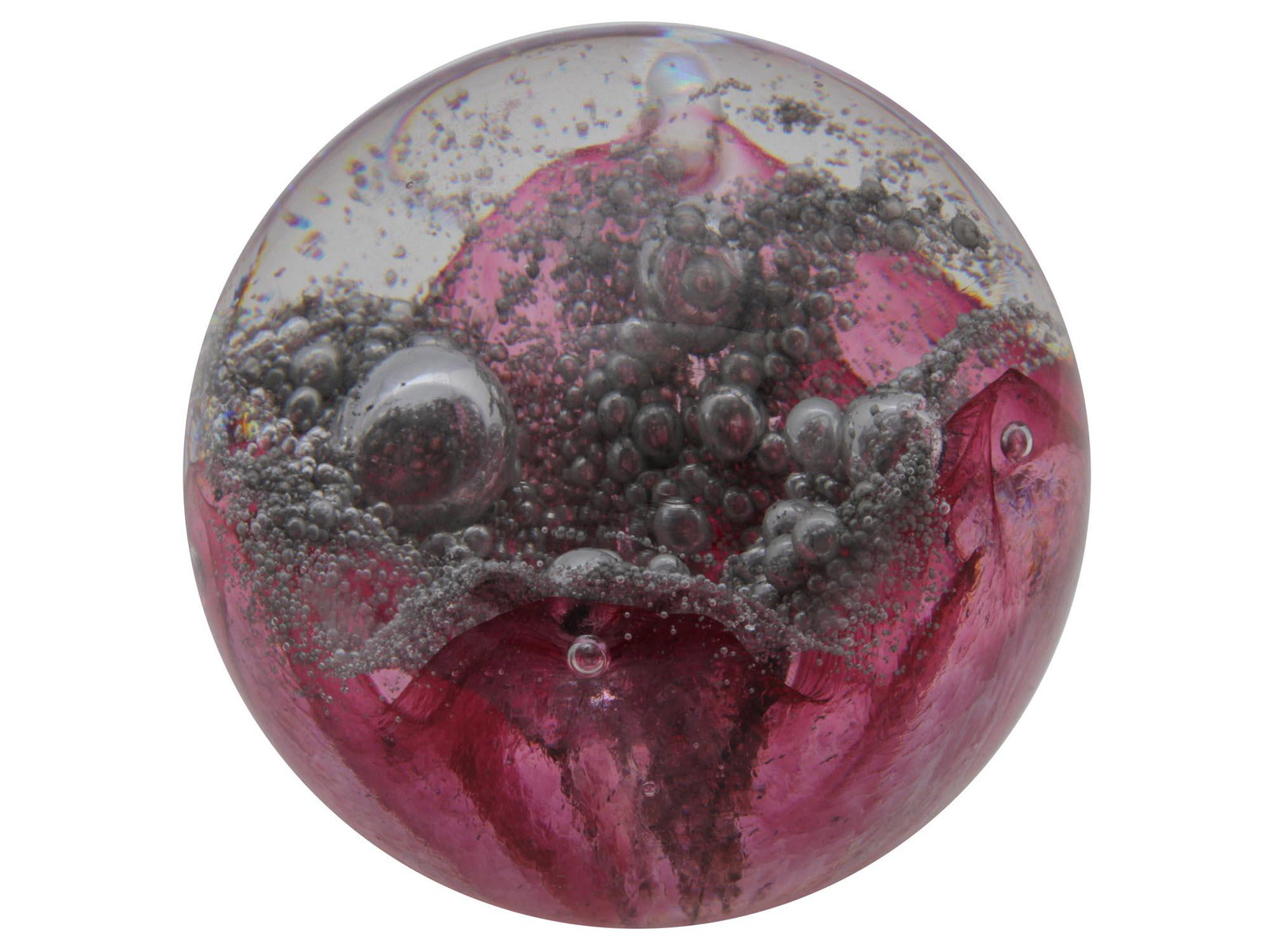 AN ARTCRISTAL BOHEMIA GLASS PAPERWEIGHT PRAGUE: A vintage collectible art glass paperweight by ArtÑristal Bohemia, Czech Republic, near Prague. The paperweight interior design is made with a burgundy color with grey bubbles. Marked with the sticke
