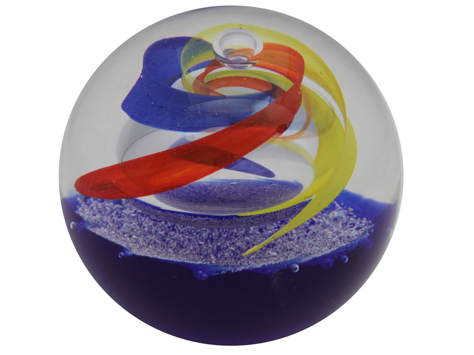 A CAITHNESS ART GLASS PAPERWEIGHT HYDROFOIL: A vintage collectible glass paperweight Hydrofoil by Caithness, Scotland. Paperweight made with multiple bubbles on a blue base with swirled red, yellow, white, and blue lines. Signed on the bottom: C