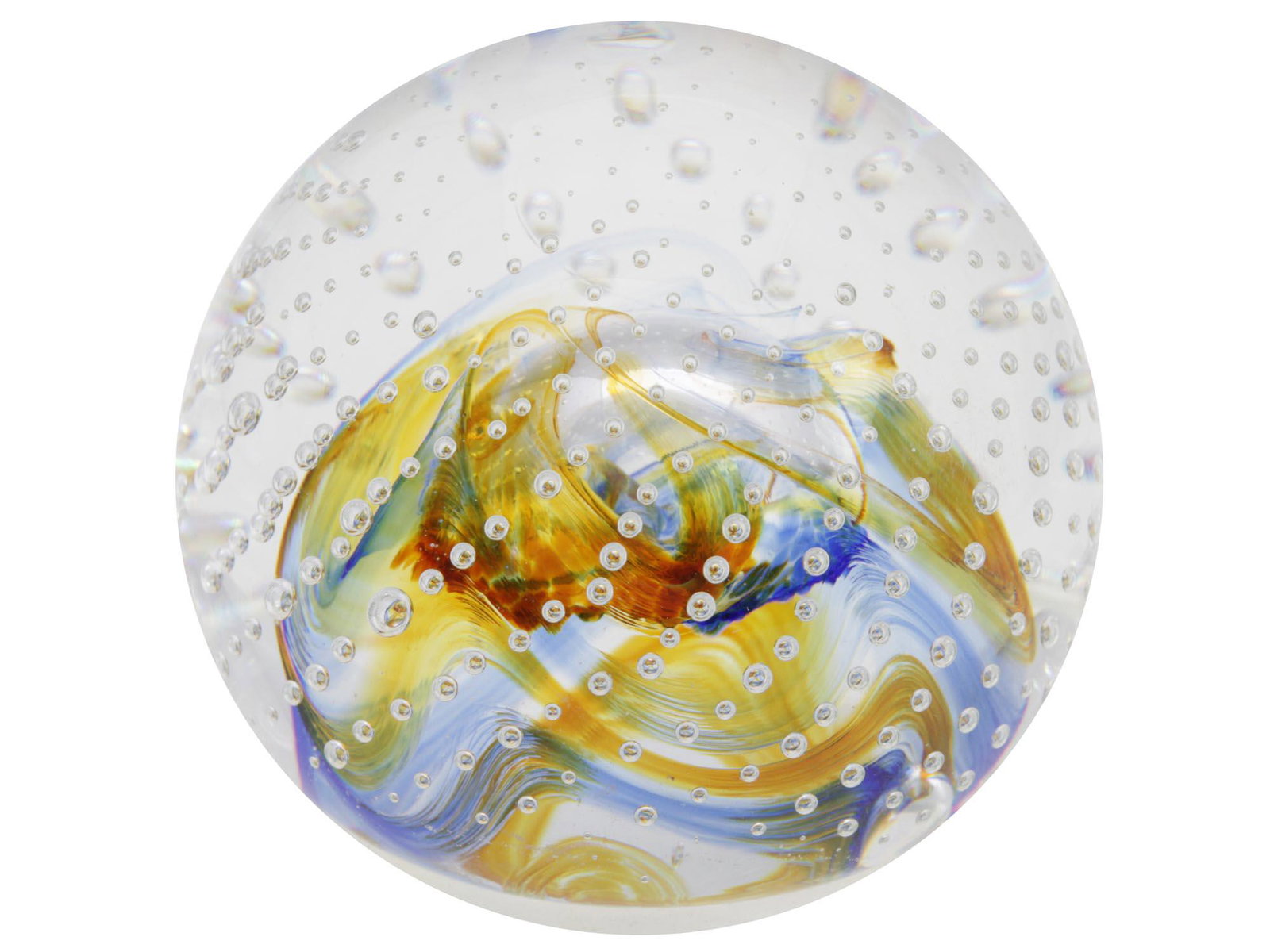 A CAITHNESS ART GLASS PAPERWEIGHT COLLECTORS CLUB: A vintage collectible Caithness Collectors Club glass paperweight by Caithness, Scotland. Made with multiple bubbles, with yellow-gold and blue colors. Signed and dated on the bottom: Caithness Scotla