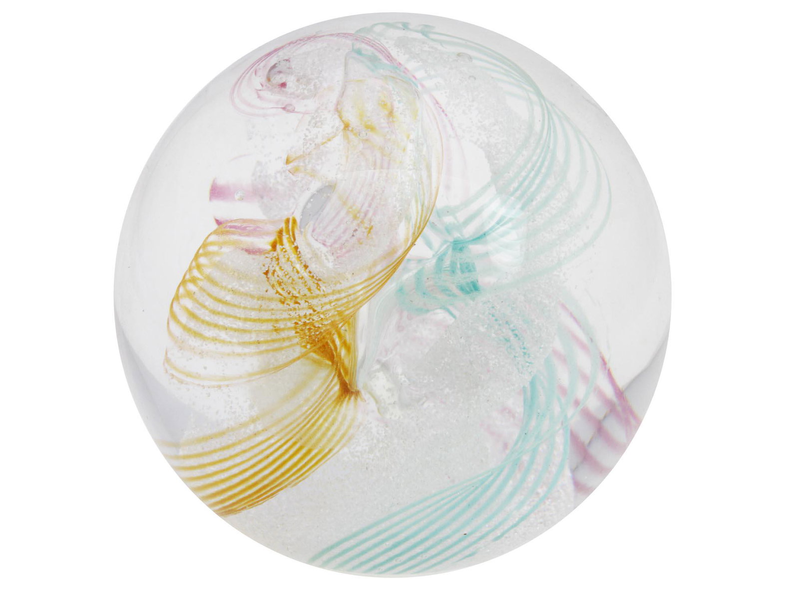 A CAITHNESS DAYDREAMS ART GLASS PAPERWEIGHT: A vintage collectible glass paperweight made by Caithness, Scotland. Made with yellow gold, pink, and turquoise curling lines. Signed on the bottom: Caithness Daydreams Scotland, K62622.Caithness Glas