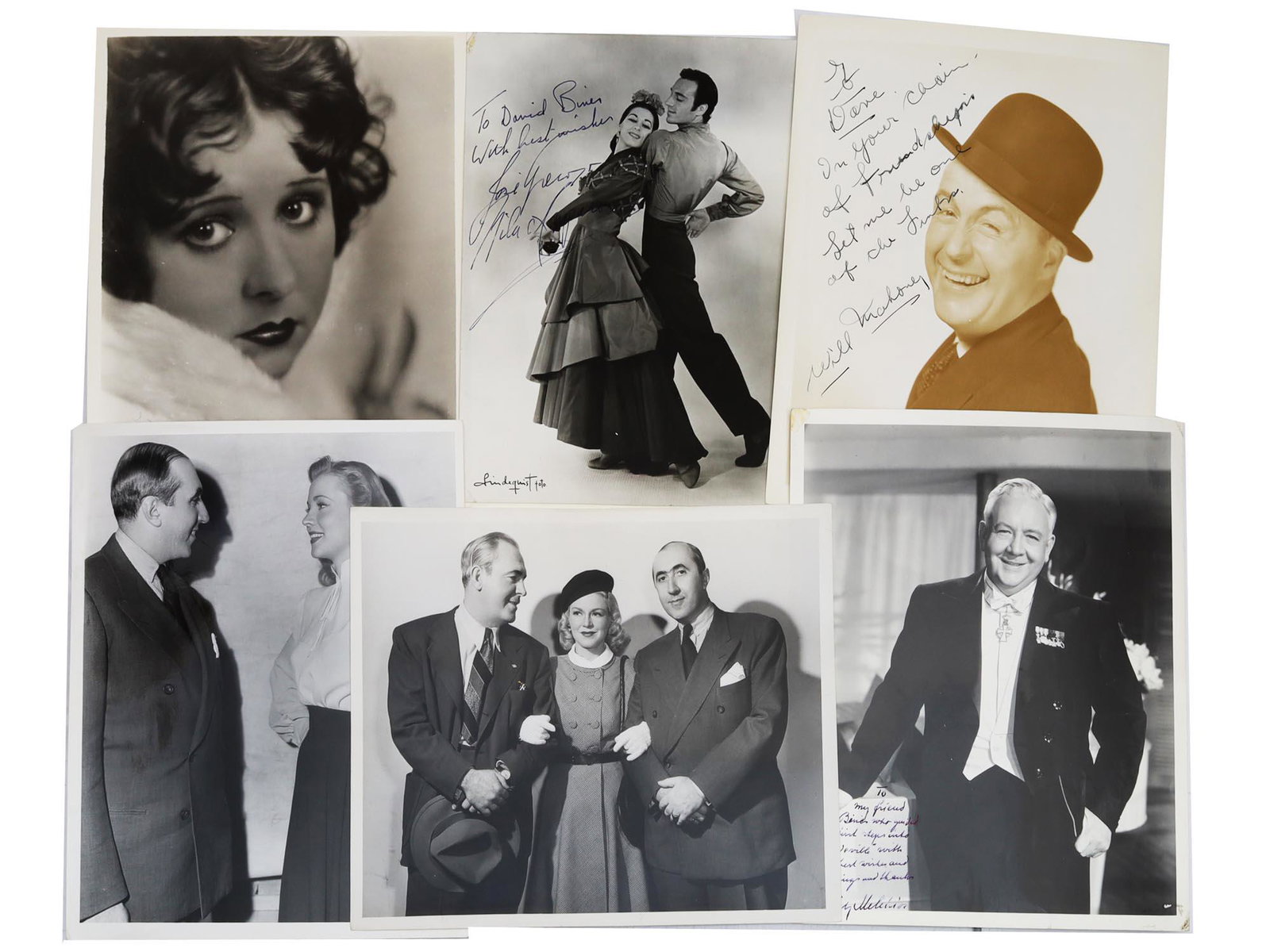 A SET OF 6 CELEBRITIES PHOTO SIGNED TO D. BINES: This lot includes six signed photos of American celebrities. There is one photo signed by the actor Will Mahoney. Another autographed photo of the opera singer Lauritz Melchior, among other artist's p