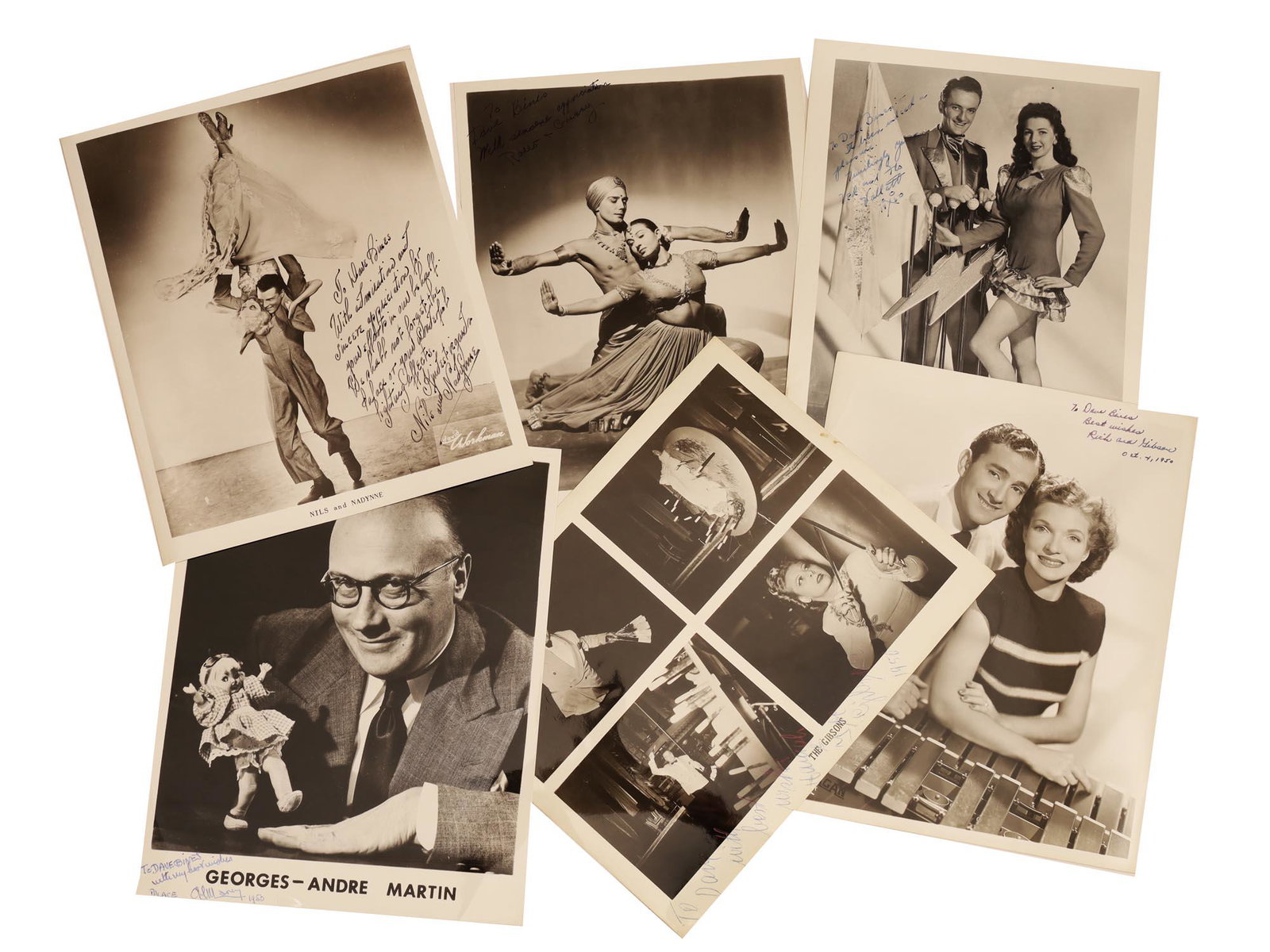A SET OF 6 CELEBRITIES PHOTO SIGNED TO D. BINES: This lot includes six signed photos of Worldwide Vaudevillian celebrities. There is one photo signed by Georges AndrÃ© Martin, a French actor, and variety performer. Another autographed photo of the