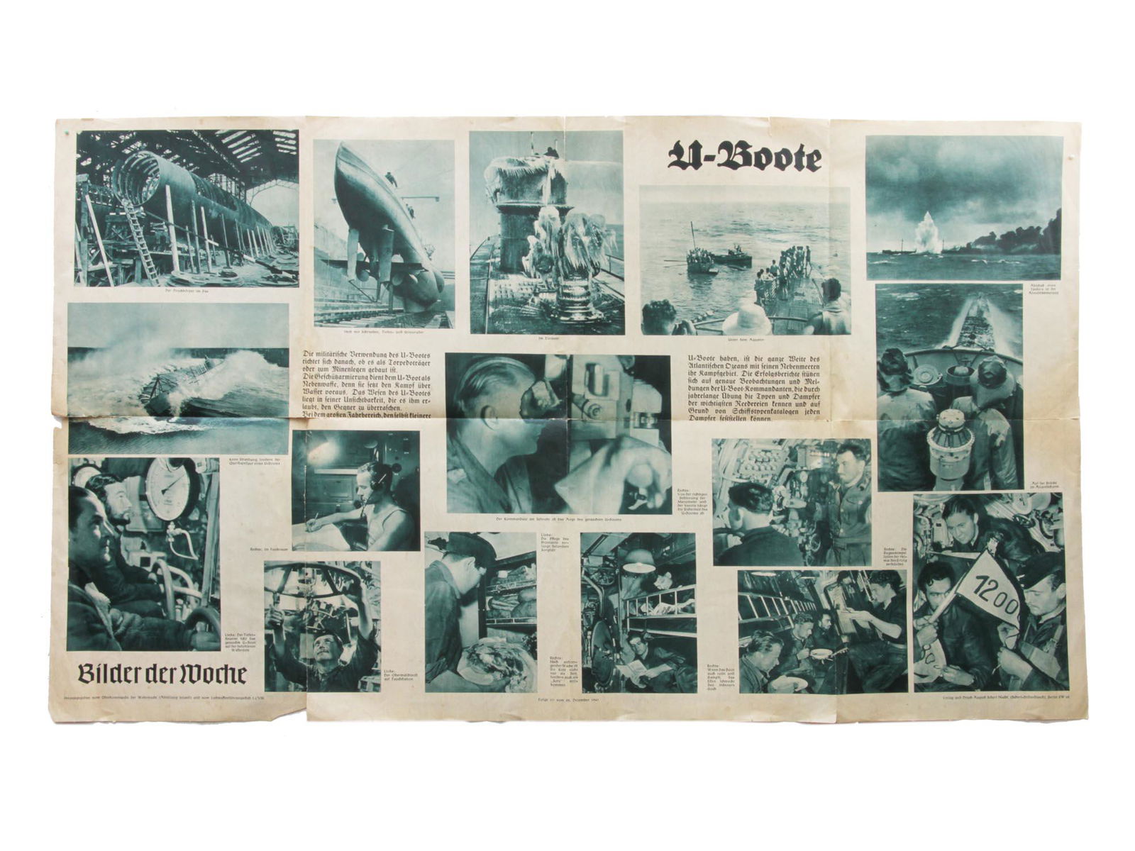 A VINTAGE WWII GERMAN U-BOAT POSTER: A German poster promoting Kriegsmarine U-boat submarines. The poster is made using the photo collage technique with pictures of the submarine itself and its crew. Dimensions: 40 x 23 1/2 in.