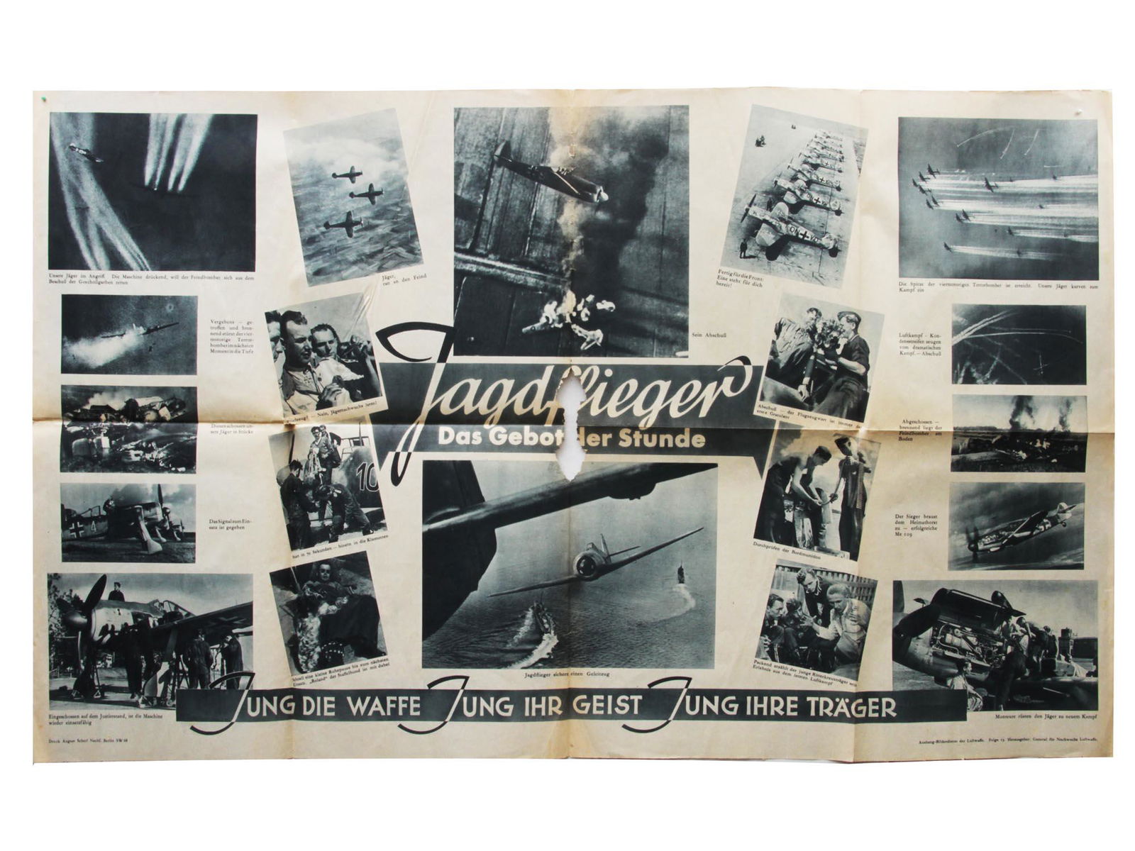 A VINTAGE WWII GERMAN LUFTWAFFE POSTER: A vintage July 1944 German Luftwaffe poster. The central inscription reads: "Jagdflieger / Das Gebot der Stunde." The poster is made using the photo collage technique. Dimensions: 40 x 23 1/2 in.