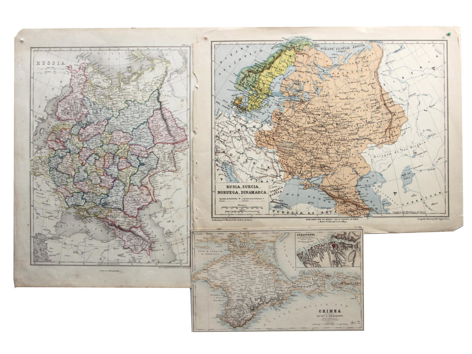 A LOT OF 3 ANTIQUE MAPS OF THE RUSSIAN EMPIRE: This lot includes a map of Crimea by Huot & Demidoff, a Spanish map of the Russian Empire and Scandinavia, and a British made map of the Central, Southern, and Northern parts of the Russian Empire. Di