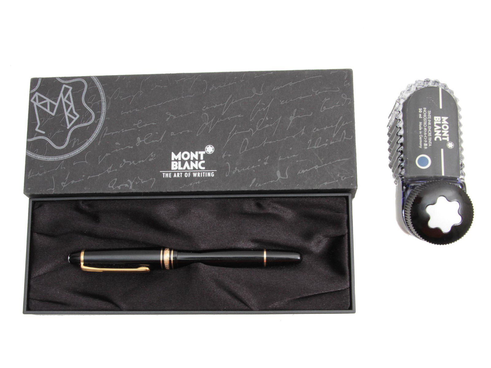 A MONTBLANC MEISTERSTUCK FOUNTAIN PEN & 50ML INK: Montblanc Meisterstuck black resin and gold-plated fountain pen. Signed: Montblanc Meisterstuck; 4810 14K Montblanc 585. Completed with an original branded case and a 50ml bottle of Montblanc ink. Dim