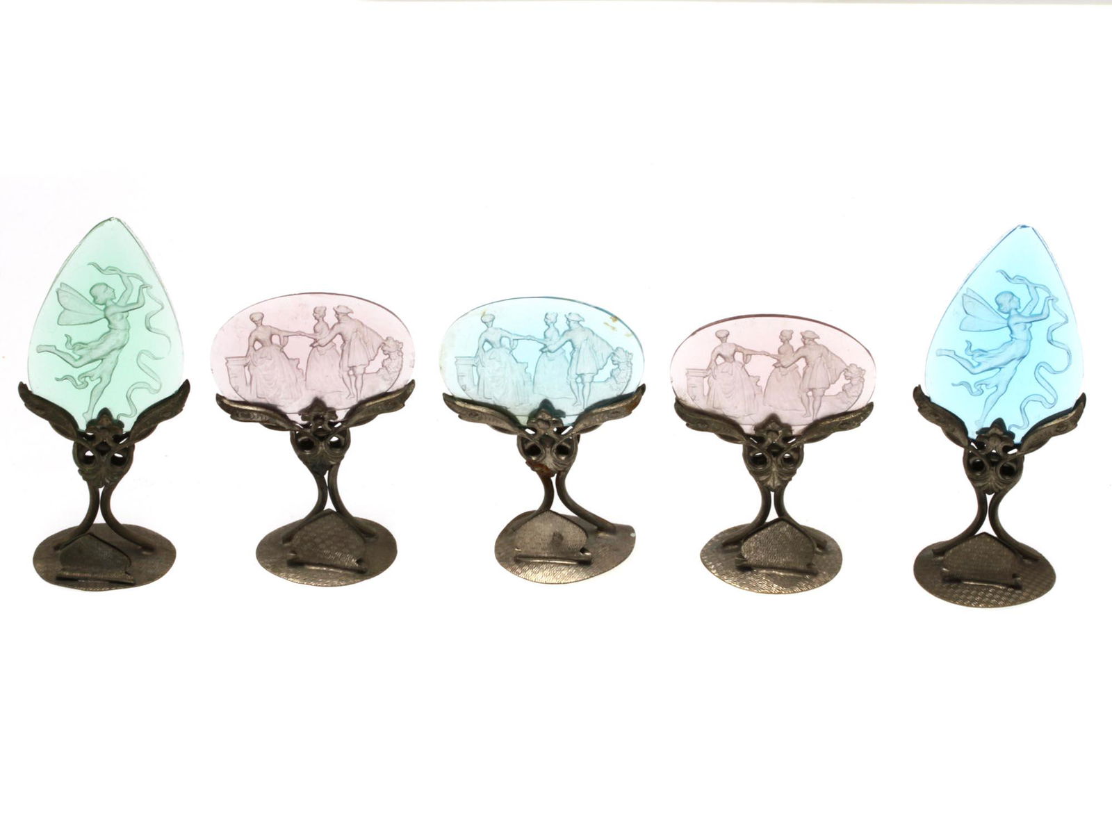 A SET OF 5 ANTIQUE CZECH CARD HOLDERS CA 1900: A set of antique elegant card holders decorated with colored cut glass flat cameos with various compositions. The metal stand is made in the Art Nouveau style. Were made in Czechoslovakia in the early