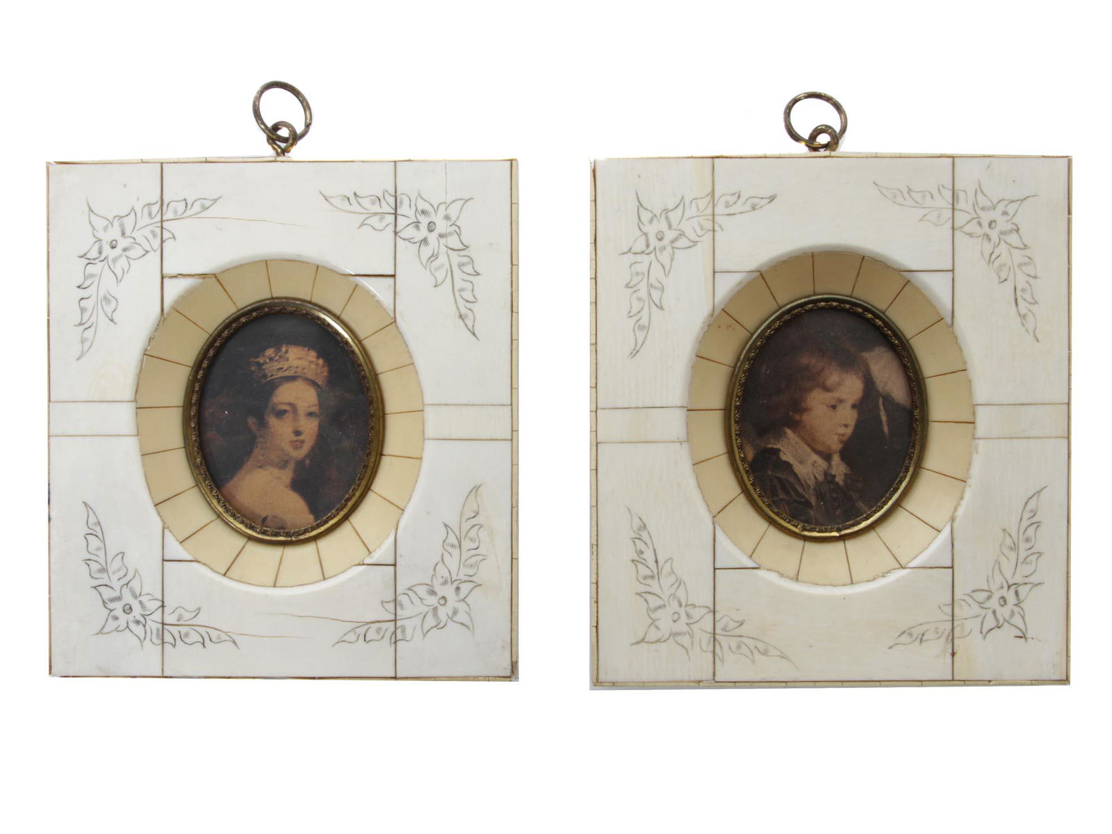 A PAIR OF ANTIQUE MINIATURES IN THE FRAMES: Two antique frames inlaid with bone with printed miniatures: a portrait of Queen Victoria by Thomas Sully (American, 1783-1872) and a portrait of Nicholas Rubens by Peter Paul Rubens (Flemish, 1577-16