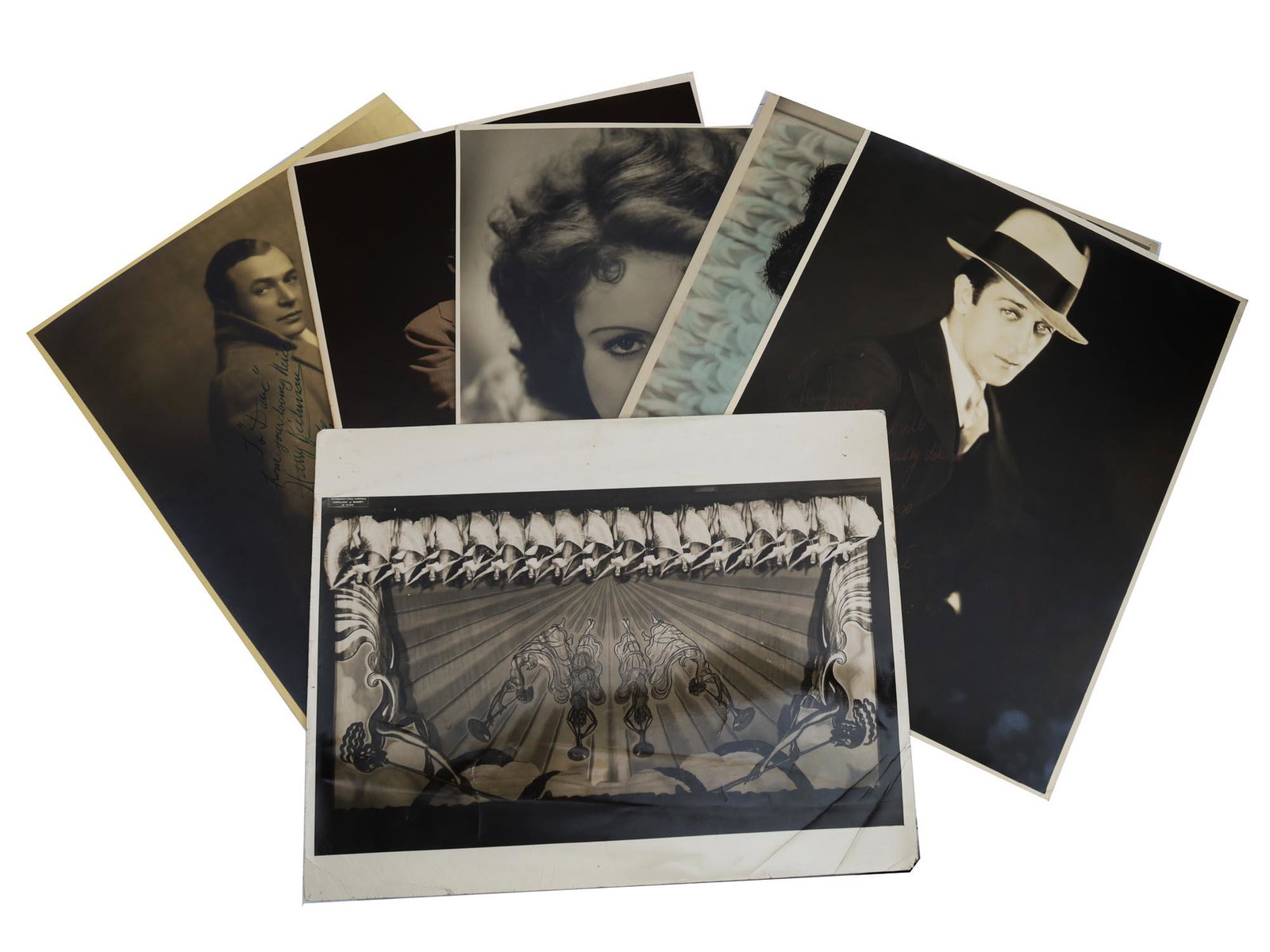 A SET OF 6 VINTAGE SIGNED CELEBRITIES PHOTO: A set of 6 celebrity photographs signed for David Bines, a Broadway, Hollywood, and Paramount Pictures entertainment producer. One photograph of the theater scene is not signed. The first half of the 