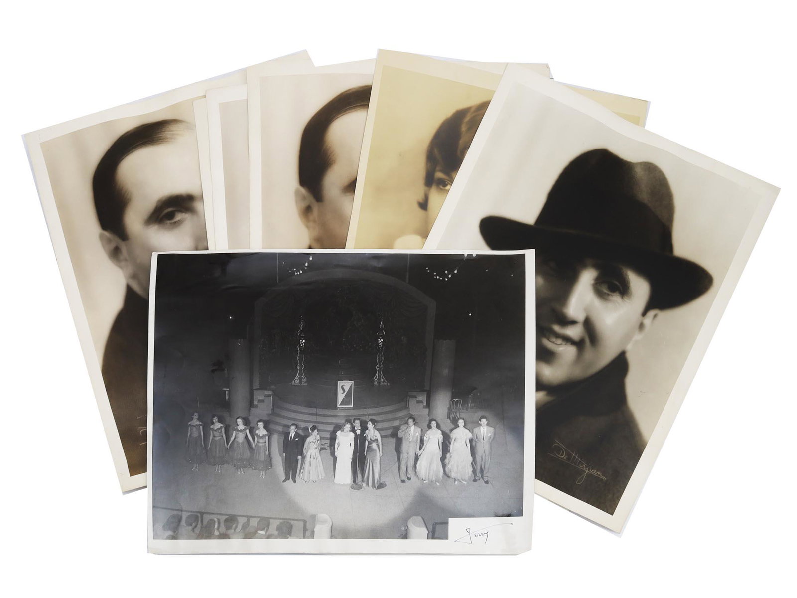 A SET OF 7 VINTAGE CELEBRITIES PHOTO: A set of 7 celebrity photographs, the first half of the 20th-century. Some photos are signed by John de Mirjian, an Armenian American glamour photographer. Provenance: Estate of David Bines. Dimension