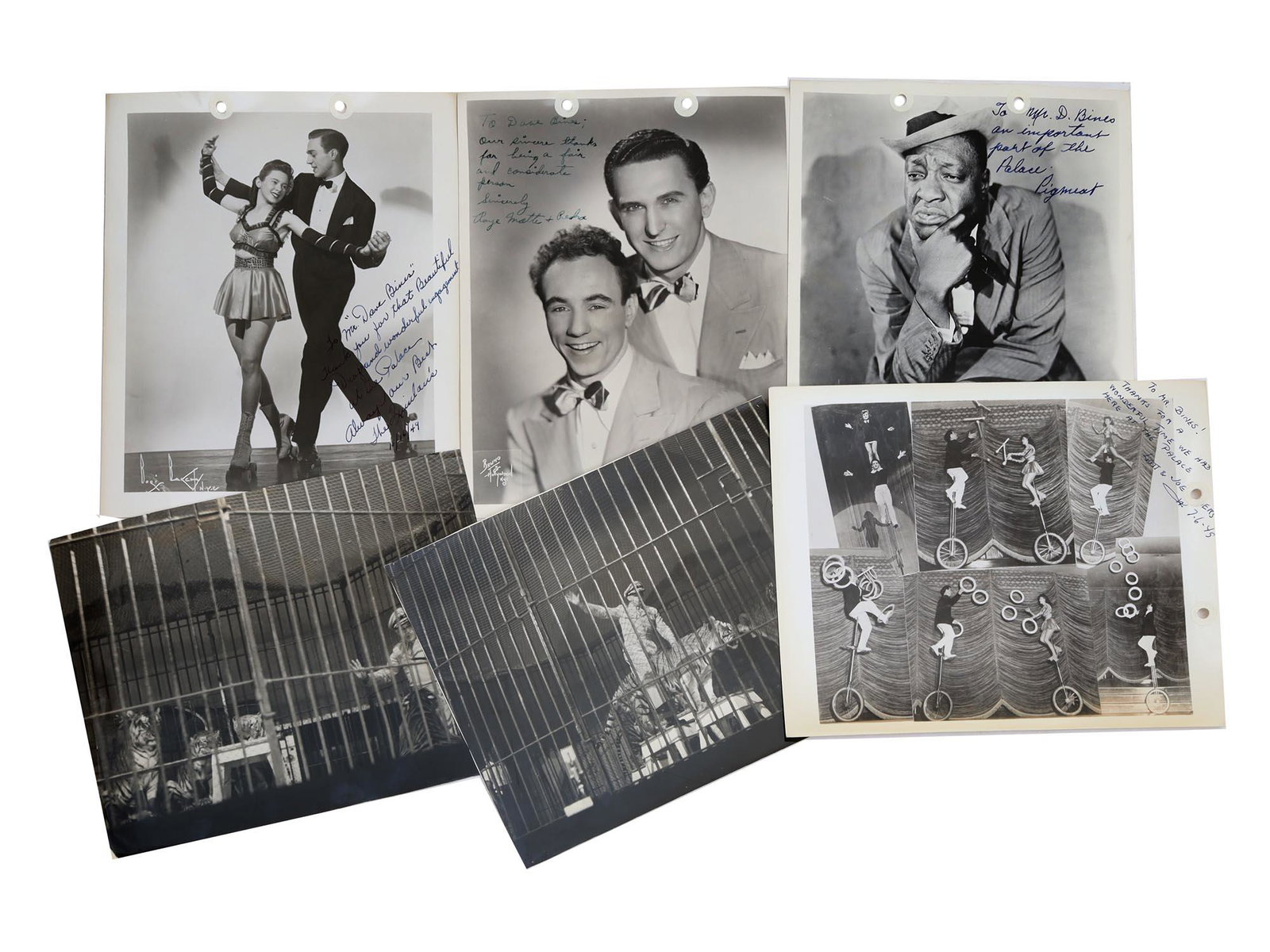 A SET OF 6 CELEBRITIES PHOTO SIGNED FOR D. BINES: This lot includes six photographs of celebrities from the mid 20th century with gratitude signatures for help, support, successful collaboration, friendship, addressed to David Bines, a Broadway, Holl