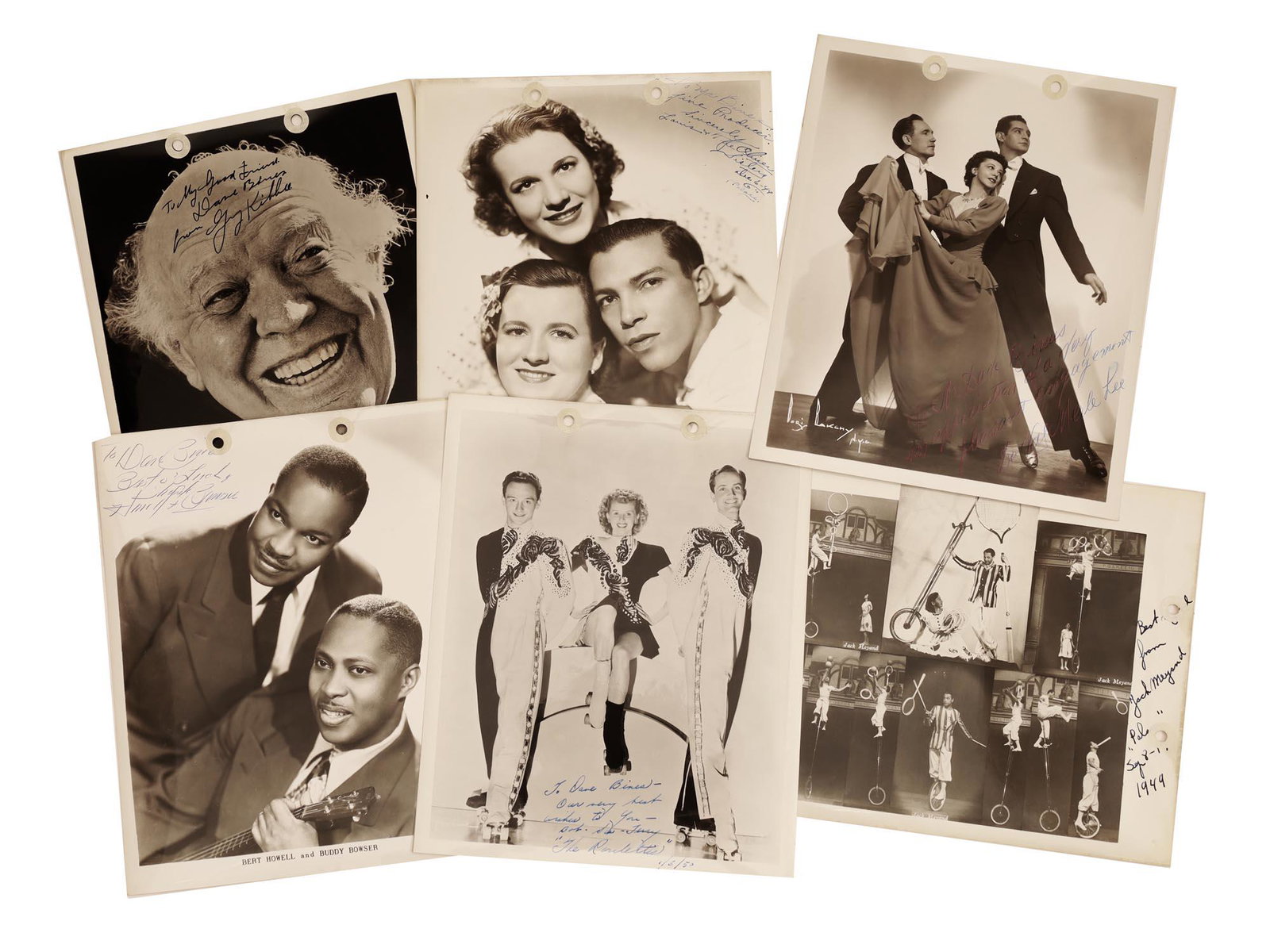 A SET OF 6 CELEBRITIES PHOTO SIGNED FOR D. BINES: This lot includes six signed photos of American celebrities. There is one photo signed by Bert Howell and Buddy Bowser of the comedy team Howell And Bowser. Another autographed photo of Guy Kibbee, an