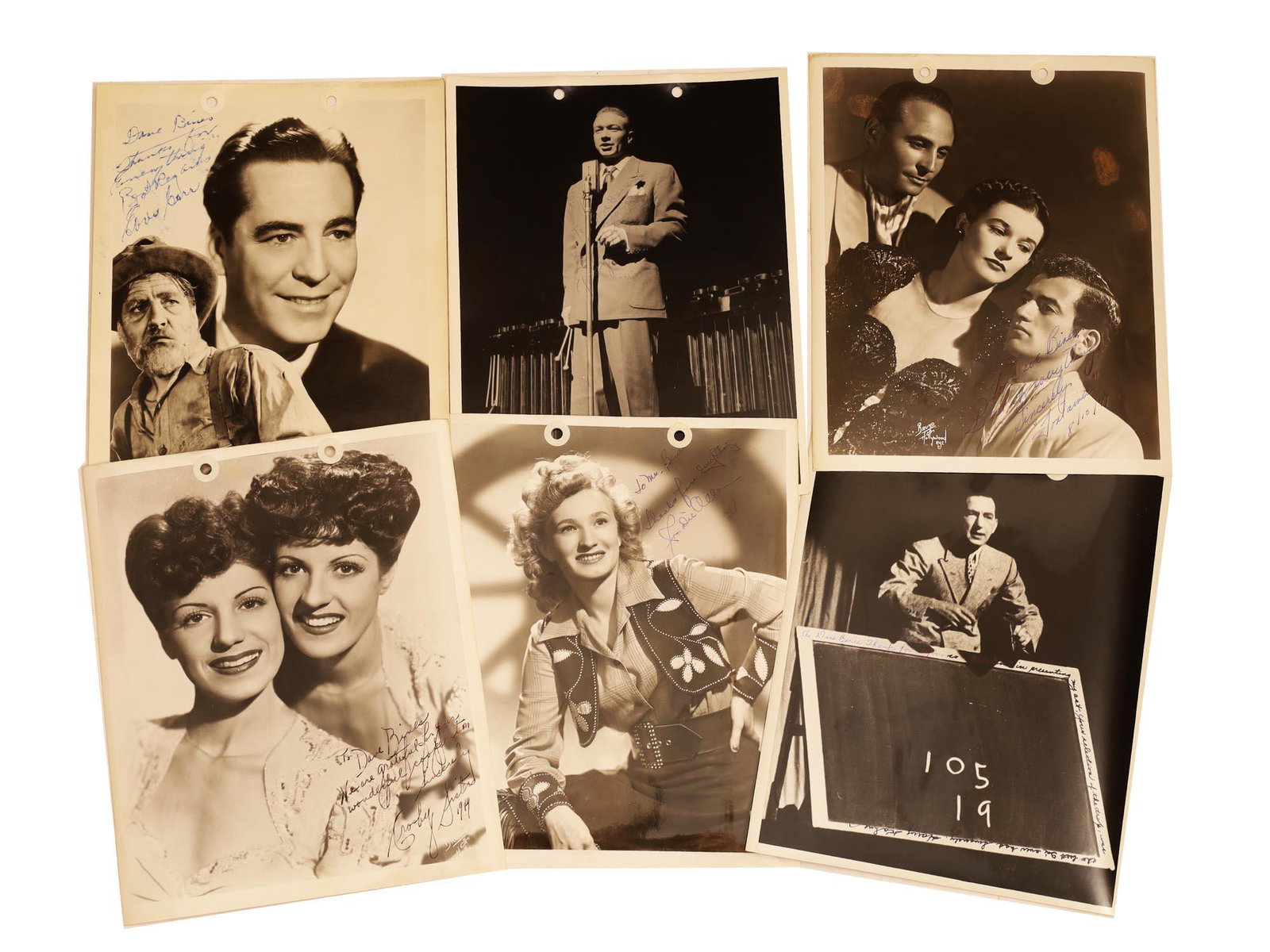 A SET OF 6 CELEBRITIES PHOTO SIGNED FOR D. BINES: A set of six photographs of actors on the stage and celebrities from the early and middle 20th century, some with gratitude signatures for support and successful collaboration, addressed to David Bine