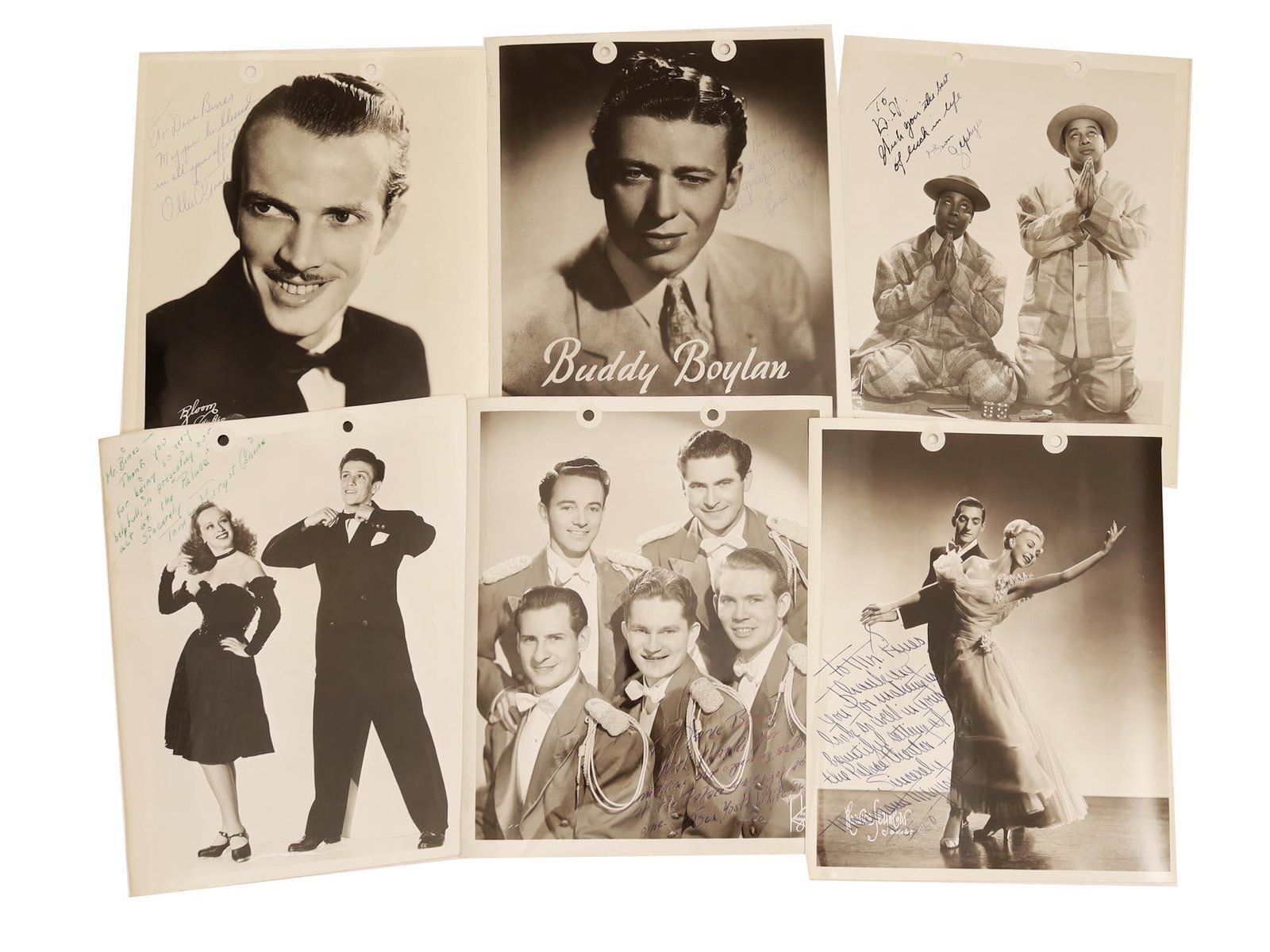 A SET OF 6 CELEBRITIES PHOTO SIGNED FOR D. BINES: This lot includes six signed photos of American celebrities. There is one photo signed by The Two Zephyrs, a black African American comedy duo. Another autographed photo of Buddy Boylan, among other a