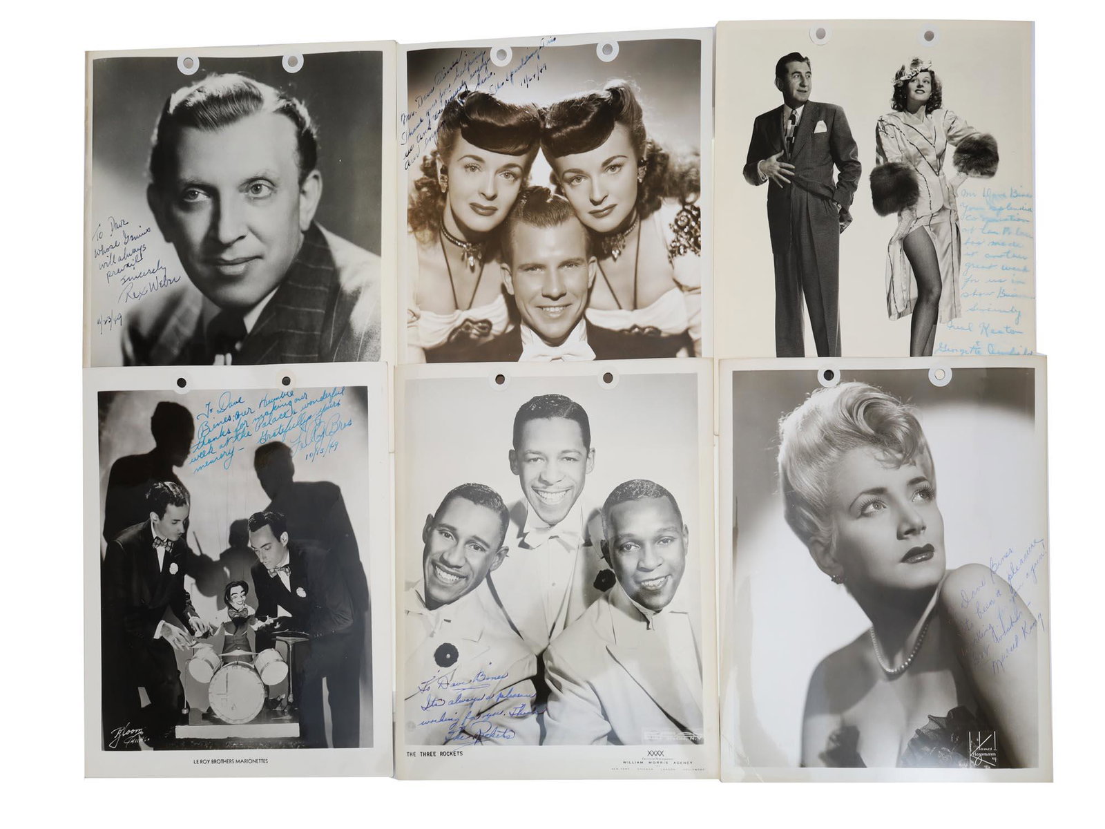 A SET OF 6 VINTAGE SIGNED CELEBRITIES PHOTO: A set of 6 celebrity photographs signed for David Bines, a Broadway, Hollywood, and Paramount Pictures entertainment producer. The first half of the 20th-century. Provenance: Estate of David Bines. Di