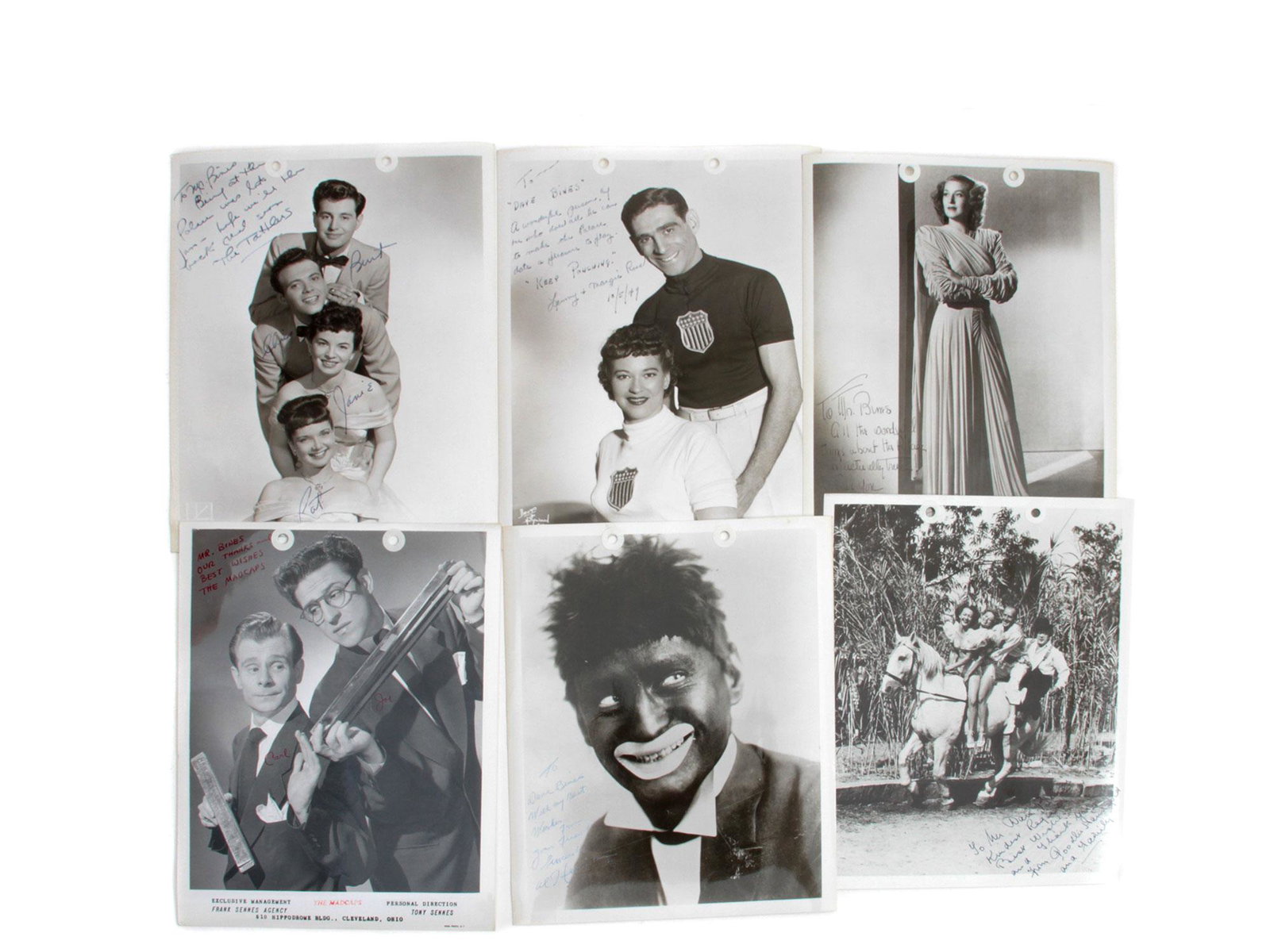 A SET OF 6 VINTAGE SIGNED CELEBRITIES PHOTO: A set of 6 celebrity photographs signed for David Bines, a Broadway, Hollywood, and Paramount Pictures entertainment producer. The first half of the 20th-century. Provenance: Estate of David Bines. Di