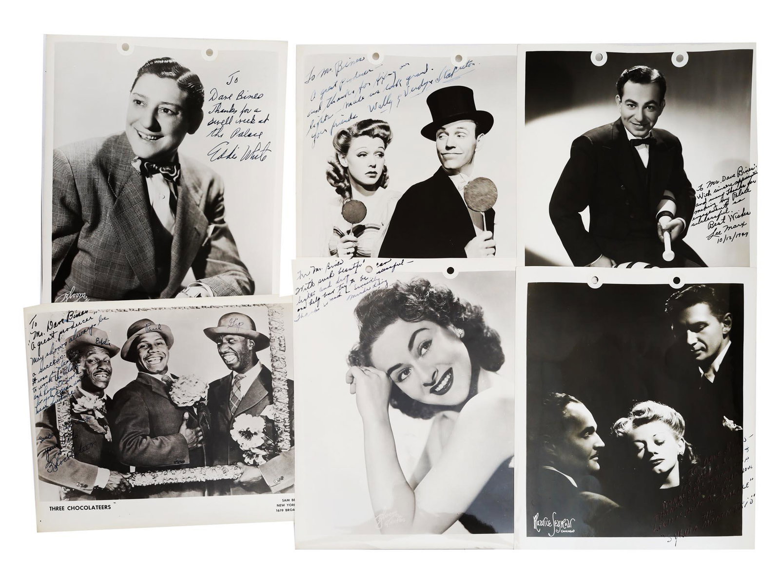 A SET OF 6 VINTAGE SIGNED CELEBRITIES PHOTO: A set of 6 celebrity photographs signed for David Bines, a Broadway, Hollywood, and Paramount Pictures entertainment producer. The first half of the 20th-century. Provenance: Estate of David Bines. Di