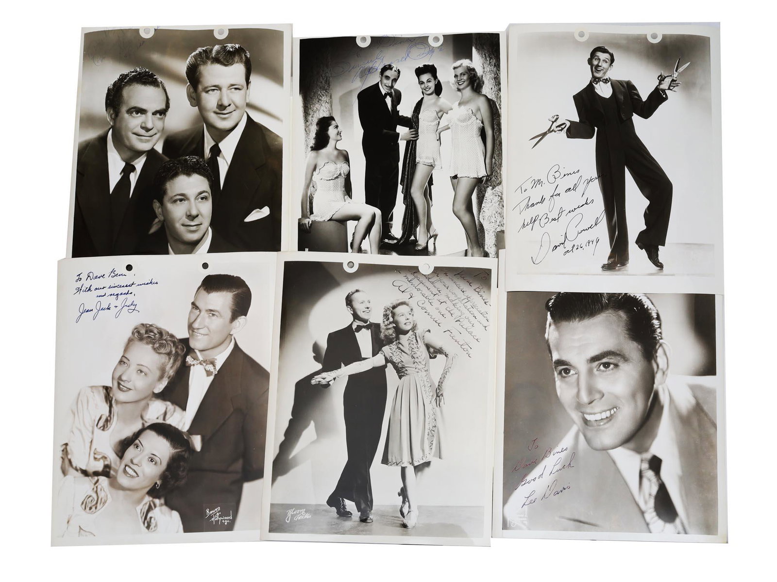 A SET OF 6 VINTAGE SIGNED CELEBRITIES PHOTO: A set of 6 celebrity photographs signed for David Bines, a Broadway, Hollywood, and Paramount Pictures entertainment producer. The first half of the 20th-century. Provenance: Estate of David Bines. Di