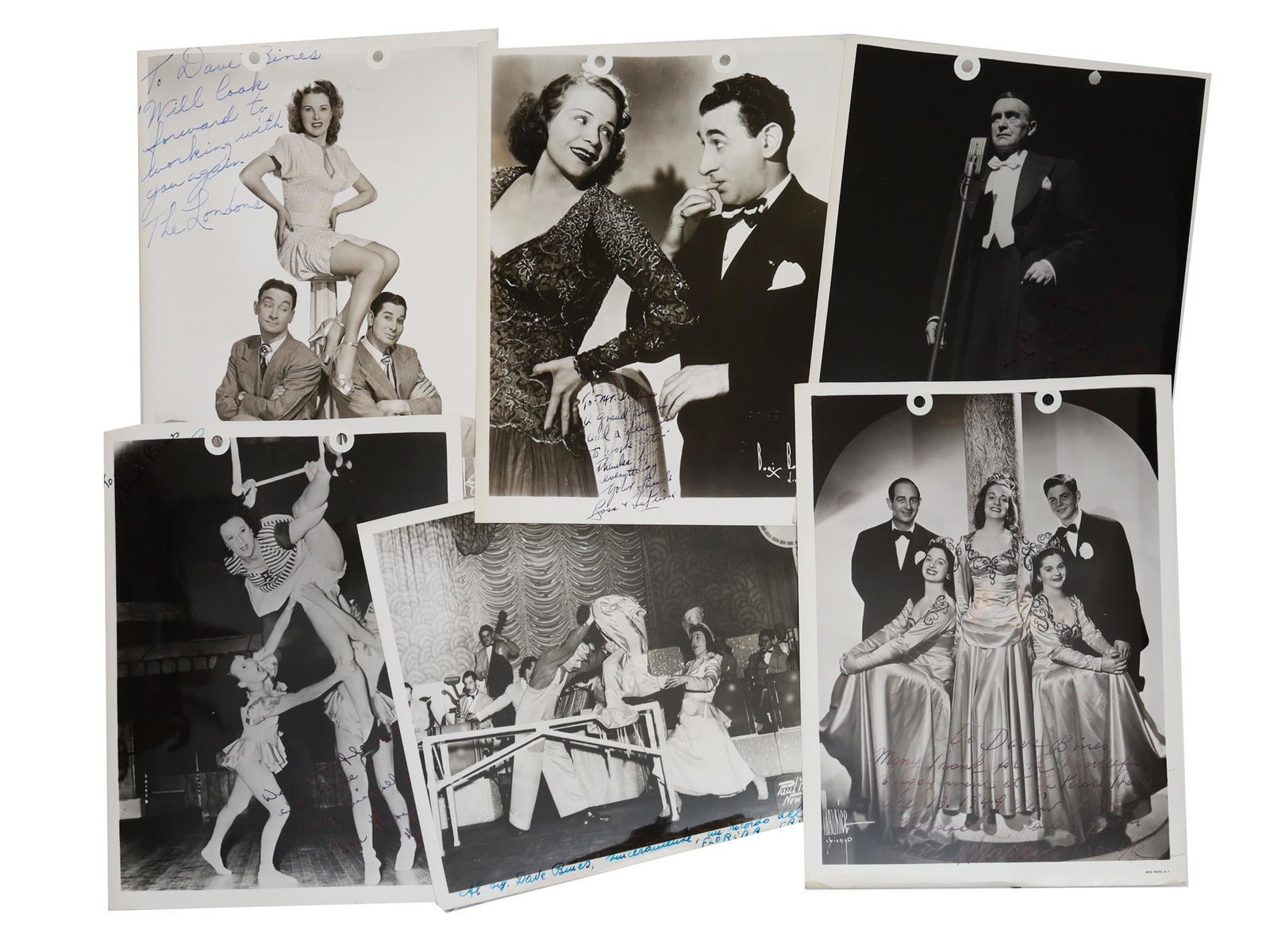 A SET OF 6 VINTAGE SIGNED CELEBRITIES PHOTO: The lot includes 6 celebrity photographs signed for David Bines, a Broadway, Hollywood, and Paramount Pictures entertainment producer. The first half of the 20th-century. Provenance: Estate of David B