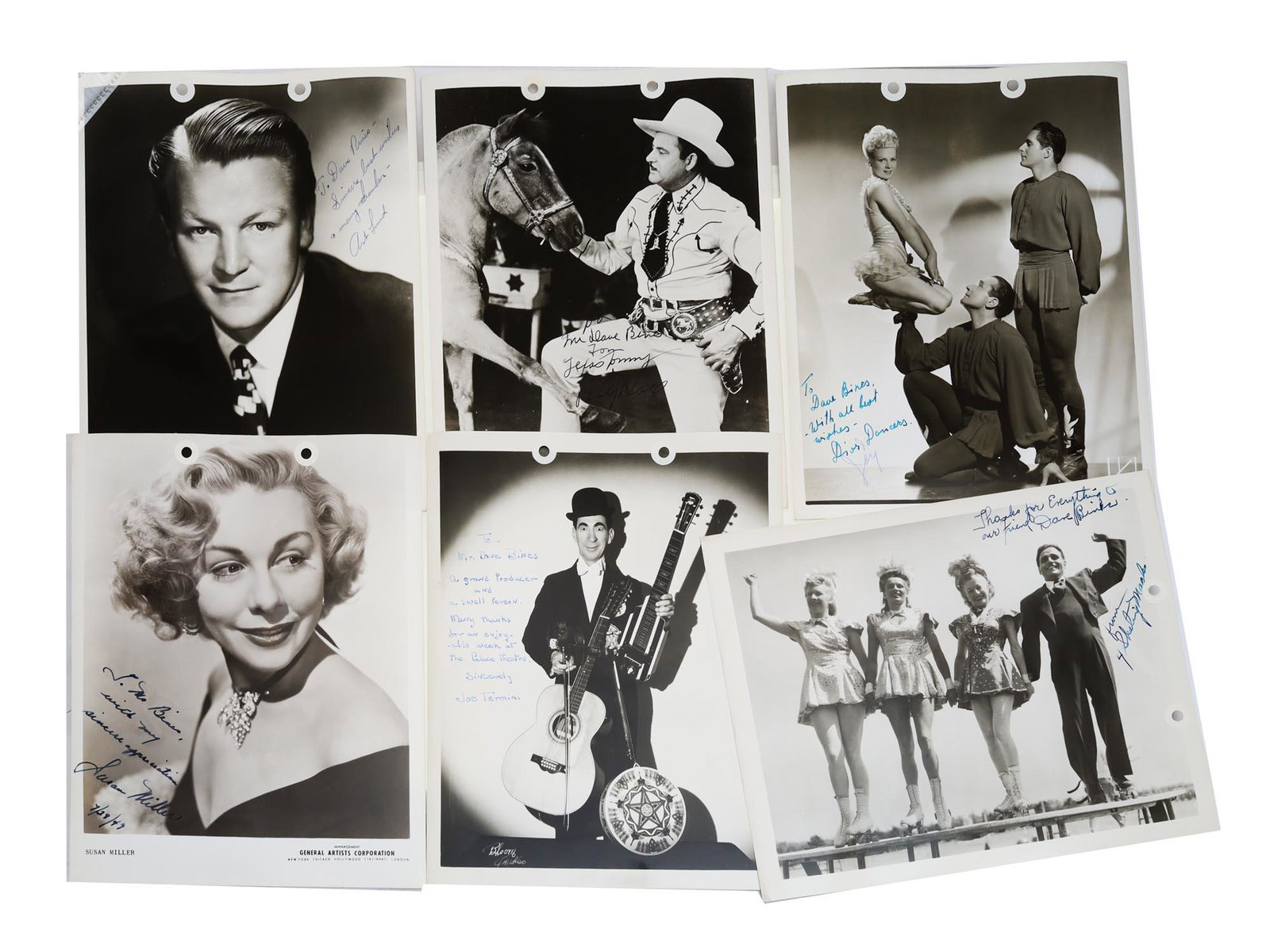A SET OF 6 VINTAGE SIGNED CELEBRITIES PHOTO: The lot includes 6 celebrity photographs signed for David Bines, a Broadway, Hollywood, and Paramount Pictures entertainment producer. The first half of the 20th-century. Provenance: Estate of David B