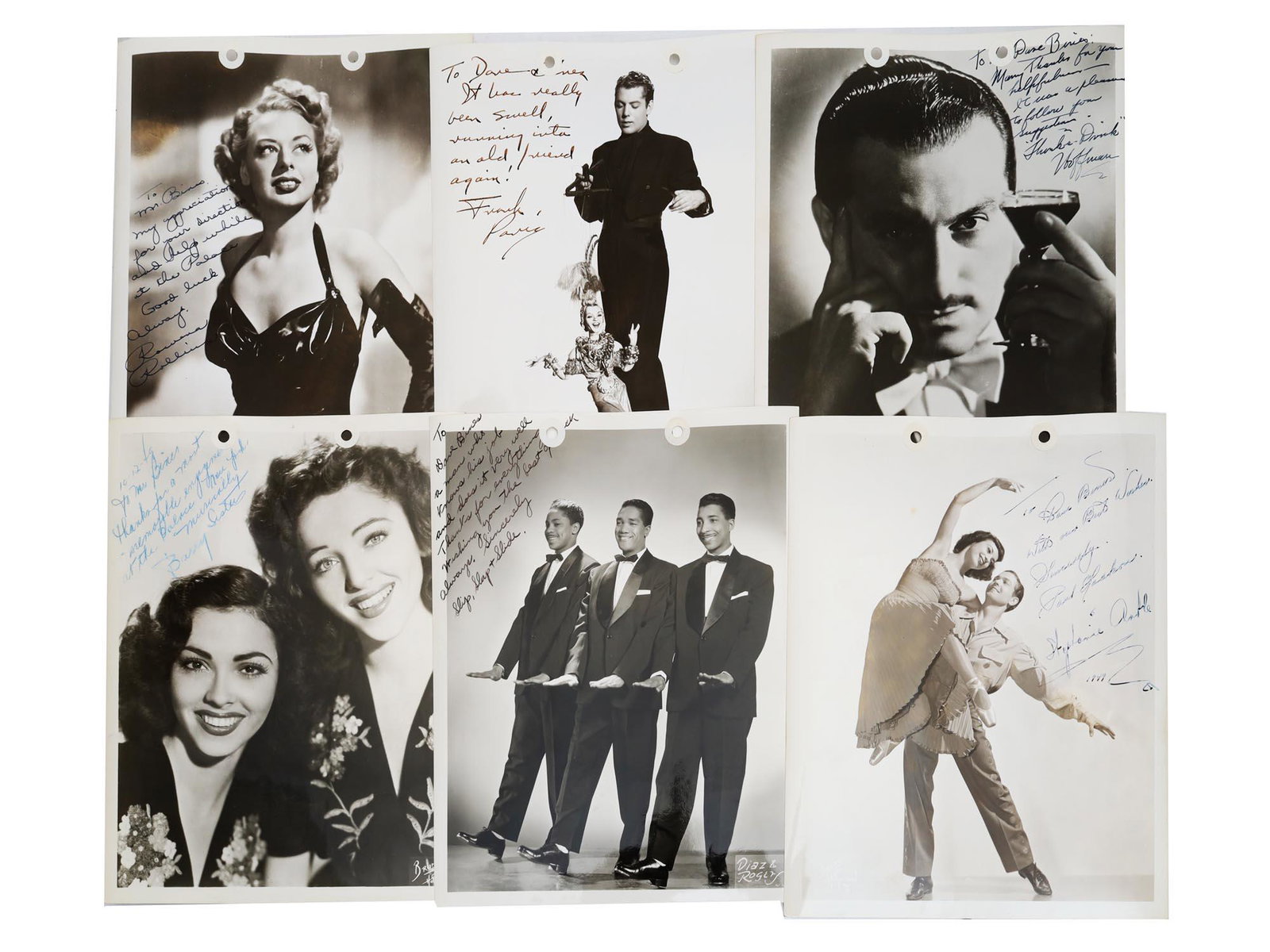 A SET OF 6 VINTAGE SIGNED CELEBRITIES PHOTO: The lot includes 6 celebrity photographs signed for David Bines, a Broadway, Hollywood, and Paramount Pictures entertainment producer. The first half of the 20th-century. Provenance: Estate of David B
