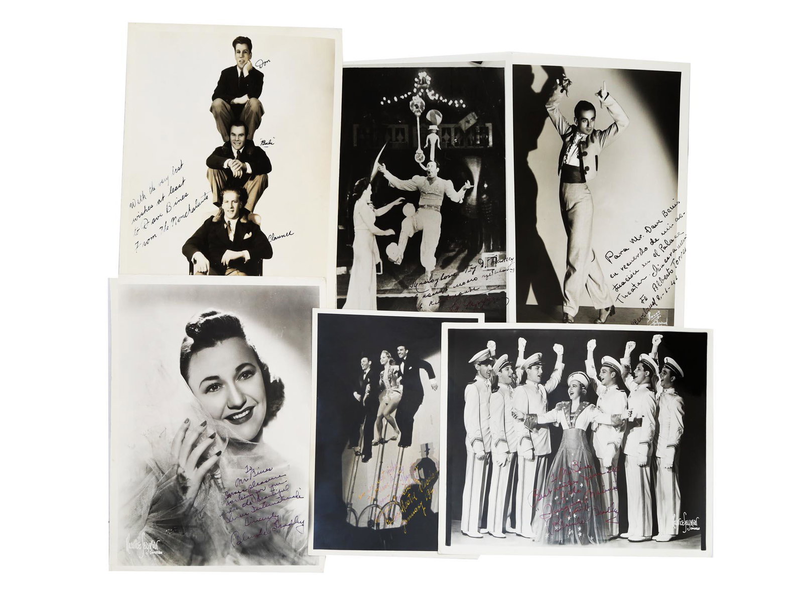 A SET OF 6 CELEBRITIES PHOTO SIGNED FOR D. BINES: A set of six photographs of actors on the stage and celebrities from the early and middle 20th century, some with gratitude signatures for support and successful collaboration, addressed to David Bine