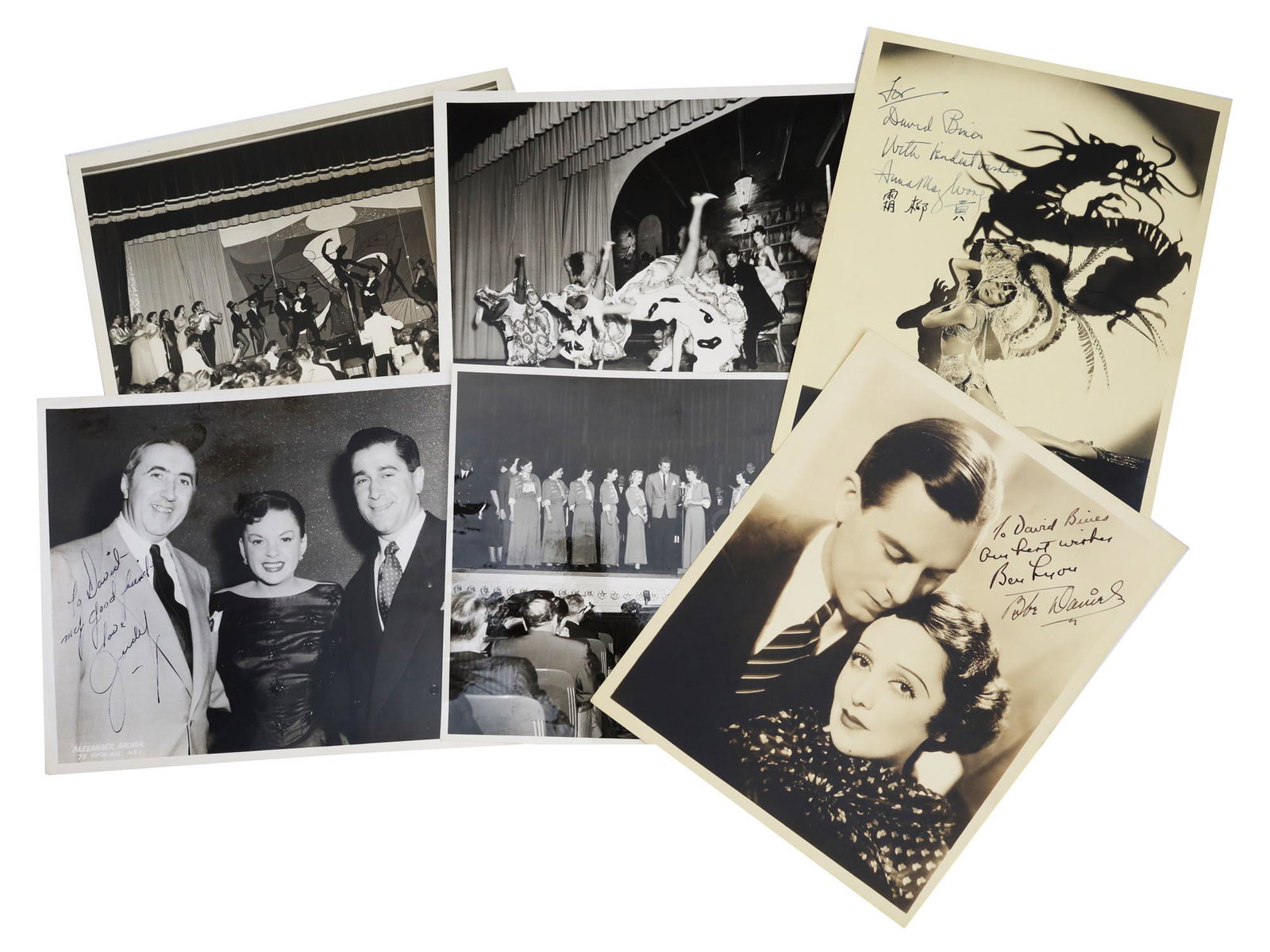 A SET OF 6 VINTAGE PHOTO SIGNED FOR D. BINES: A set of six photographs of actors on the stage and celebrities from the early and middle 20th century, some with gratitude signatures for support and successful collaboration, addressed to David Bine