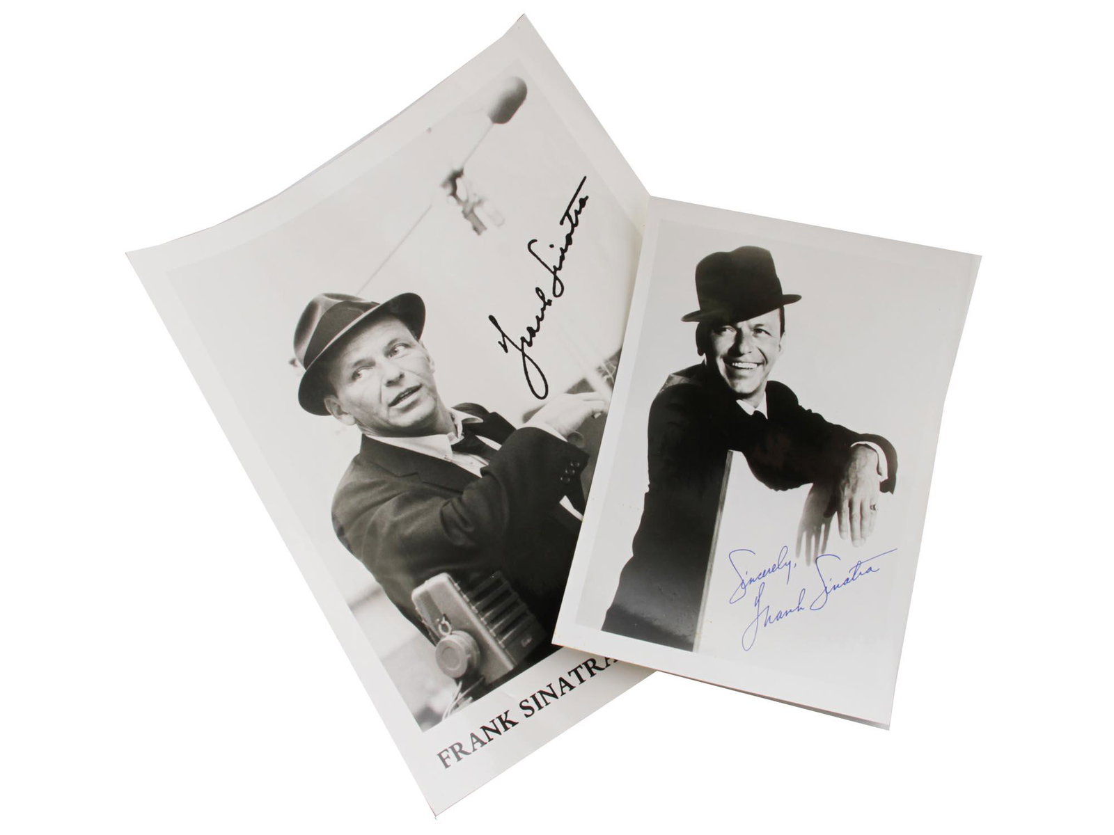 TWO AUTOGRAPHED PHOTOGRAPHS OF FRANK SINATRA: Two autographed vintage black and white photographs of Frank Sinatra. Dimensions: Smaller: 7 1/4 x 5 in. Larger: 10 x 8 in.