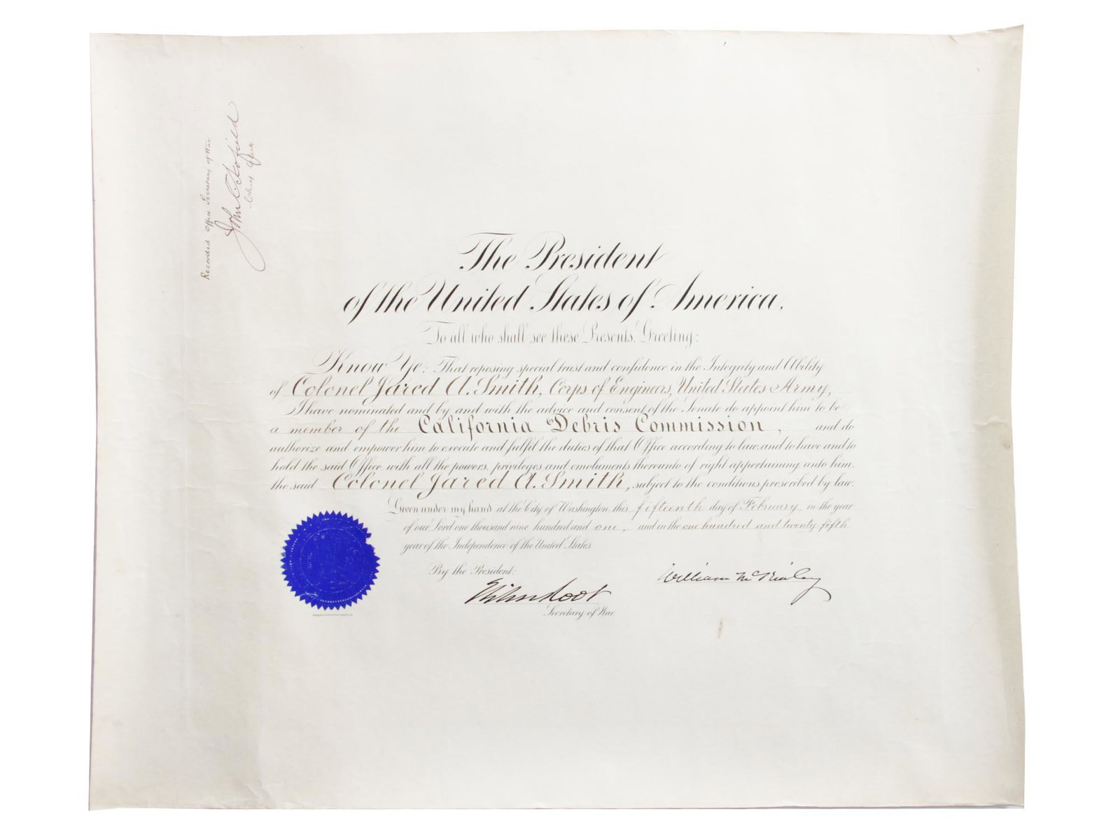 AN ANTIQUE AMERICAN DOCUMENT SIGNED BY MCKINLEY: An antique Executive Order of the President of the United States Appointing Colonel Jared A. Smith to be a member of the California Debris Commission. The decree is signed by President William McKinle