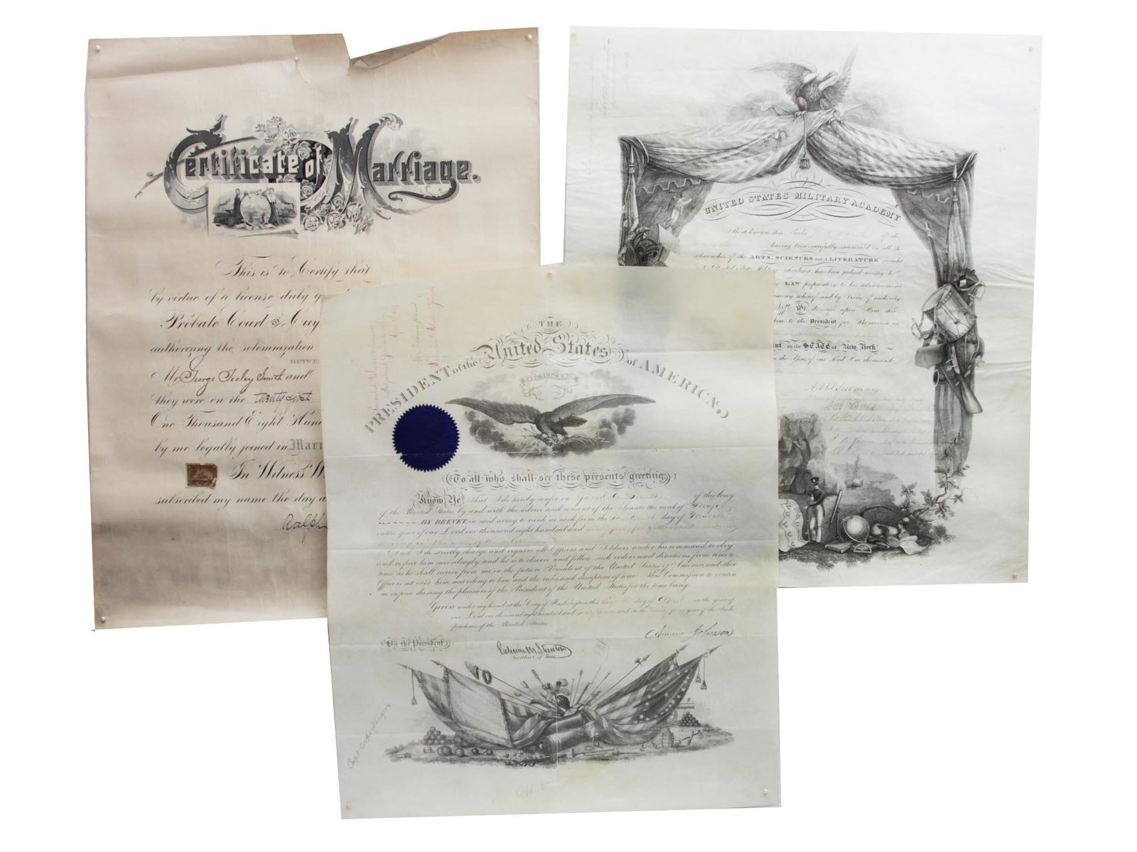 A LOT OF THREE ANTIQUE AMERICAN DOCUMENTS 19TH C.: The lot includes:1. An antique Certificate of Marriage certifying the marriage between John Seeley Smith and Helen M. Hoyt on June 21, 1899.2. The United States Military Academy Diploma to Jared A. Sm