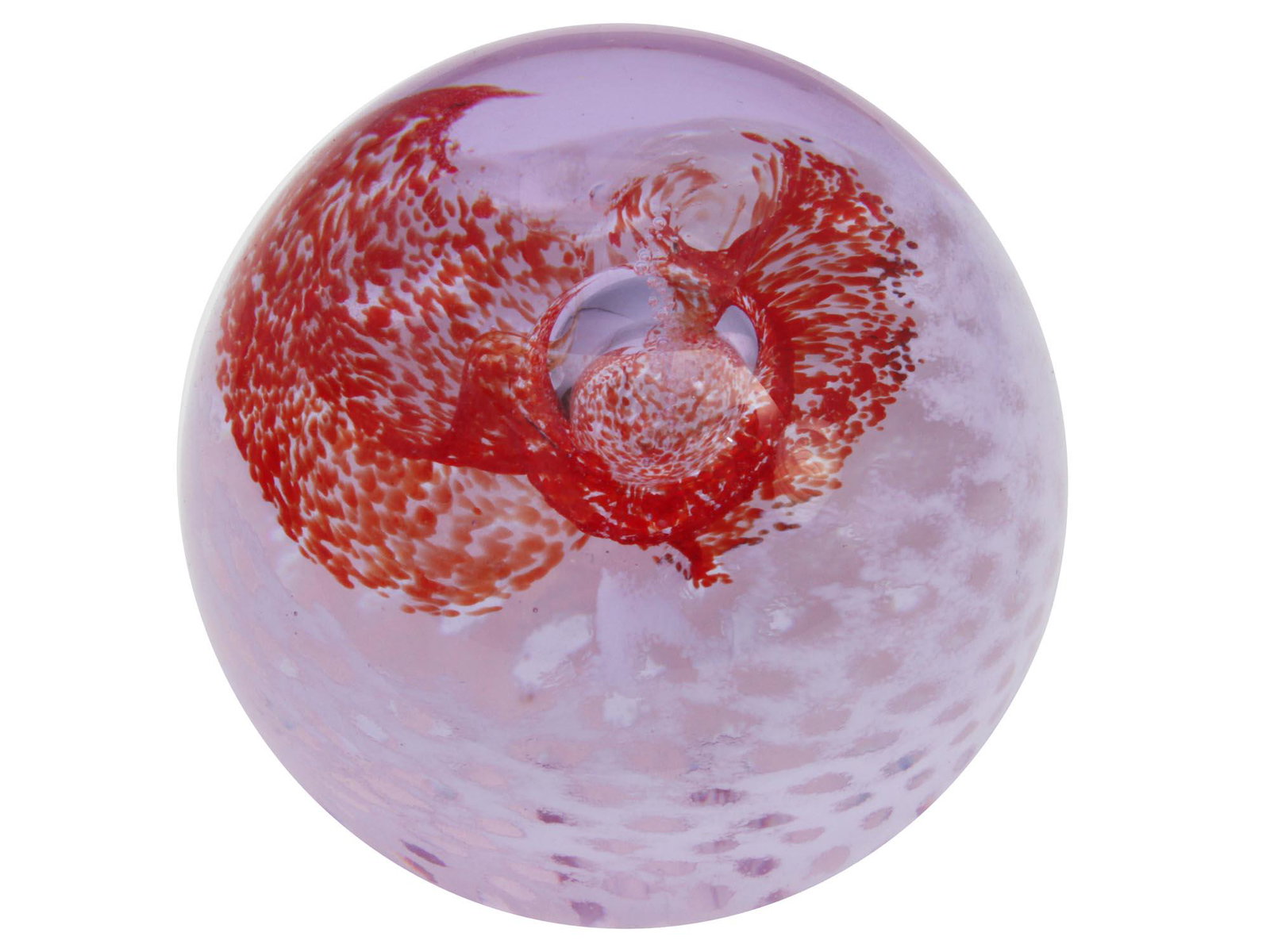 A CAITHNESS ART GLASS PAPERWEIGHT LACEMAKER 2001: A vintage collectible art glass paperweight Lacemaker 2001 by Caithness, Scotland. The paperweight interior design is made with white, red, and transparency patterns in the form of spots of various si