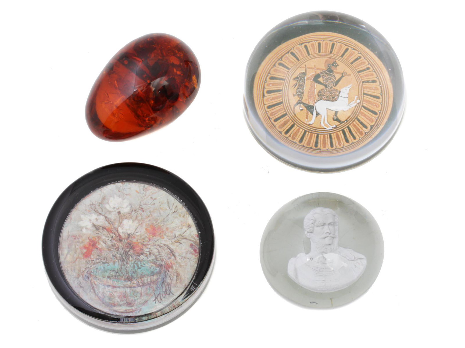 LOT OF EUROPEAN ART GLASS PAPERWEIGHT &AMBER EGG: This is a set of three vintage Art Glass paperweights. The first is a rare Nigel Pain paperweight 'Huntsman, the interior of Greek vase 1985 trustees of the British Museum with the corresponding label