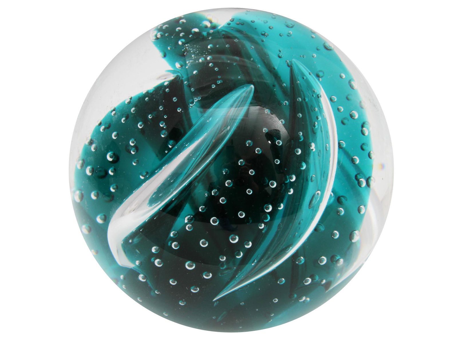 A CAITHNESS ART GLASS STEELBLUE PAPERWEIGHT: A hand-blown clear glass collectible paperweight "Steelblue" by Caithness Scotland. Was designed by Alastair MacIntosh in 1991 and is signed "Caithness, Steelblue, Scotland" with the etched number "K3